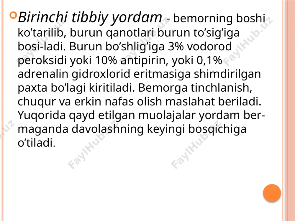 o’pincha burun orqa tiqmasi burundan qon oqishni to’xtatishga yordam beradi. tamponni burunhalqumda odatda 48 soatdan ortiq vaqtga qoldirilmaydi, chunki bunda patogen mikroflora doka tampondan eshituv nayi orqali o’rta quloqqa tarqalish xavfi tug’iladi. ayrim hollarda uzoq muddatga qoldirilgan tampon bemorda o’tkir faringit, tonzillit va bronxit kasalliklarini rivojlani-shiga sabab bo’ladi. og’ir hollarda tiqma 3- kuni olinib, zarur bo’lsa yangisi qo’yiladi. burundan qon oqishini to’xtatish maqsadida mahalliy chora-tadbirlar bilan bir qatorda umumiy gemostatik terapiya o’tkaziladi. bemorga 0,015 g vikasol kuni-ga 2 mahal ichish yoki 1% 2 ml vena ichiga yoki mushak orasiga yuborish; etamzilat natriy yoki ditsinon eritmasini mushak orasiga yoki vena ichiga kerakli miqdorda yuborish; askorbin kislotasi 0,5 g 2 mahal ichish yoki 5% 5-10 ml vena ichiga yuborish; 10% kalsiy xlorid 1 osh qoshiqdan 3-4 mahal ichish yoki 1%- 200 ml vena ichiga asta-sekin tomchilab yuborish tavsiya qilinadi. qon tomir devorining o’tkazuvchanligini yaxshilash uchun bemorga rutin (0,04 g dan kuniga 3 …