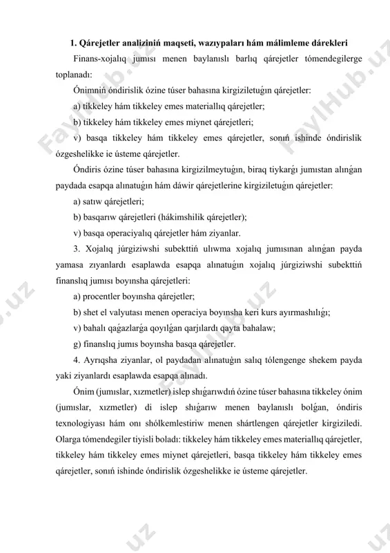 ne túser bahasın payda etiwshi qárejetler olardıń ekonomikalıq mazmunına qaray tómendegi elementler menen toparlarga ajıratıladı: 1. óndirislik materiallıq qárejetler (qaytarılatuģın shiģındılardıń bahası shıģarıp taslangan halda); 2. óndirislik ózgeshelikke iye bolgan miynetke haqı tólew qárejetleri; 3. óndiriske tiyisli bolgan sociallıq qamsızlandırıwǵa ajıratpalar; 4. tiykargı fondlar hám óndirislik áhmiyetke iye bolgan materiallıq emes aktivlerdi amortizaciyalaw; 5. óndirislik áhmiyetke iye bolgan basqa qárejetler. 1. materiallıq qárejetler qárejetlerdiń eń áhmiyetli hám tiykarģı qatarı esaplanadı. olardıń jámi qárejetler quramındaǵı salmaǵı óndiris, jumıs qásiyetlerinen kelip shıǵadı. sanaat buwında materiallıq qárejetlerdiń úlesi 60-70 procentti quraydı. óndiriske baylanıslı materiallıq qárejetler quramına tómendegi qárejetler kirgiziledi. 1-keste. materiallıq qárejetler quramı a) islep shıǵarılıp atırǵan ónimniń tiykarın qurap onıń quramına kiretuǵın yamasa ónimdi tayarlawda (jumıslardı orınlawda, xızmetler kórsetiwde) zárúr quramlıq bólegi esaplanǵan sırttan satıp alınatuǵın shiyki zat hám materiallar. b) normal texnologiyalıq procesti támiyinlew hám ónimlerdi oraw ushın ónim (jumıslar, xızmetler) yamasa basqa da óndirislik mútájliklerge sarplanatuǵın (úskene, imaratlar, qurılmalar hám …