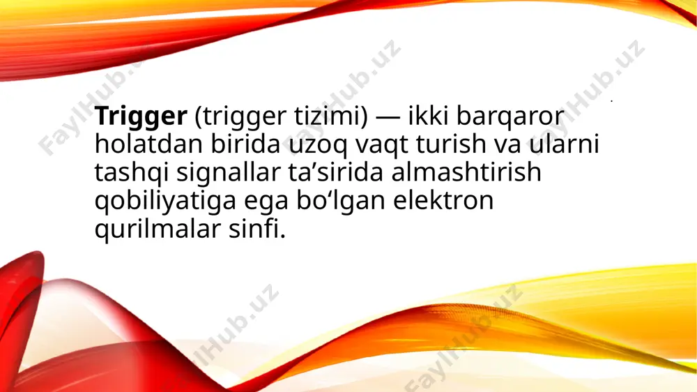 a triggerlarga nisbatan keng qo‘llaniladi. u beshta kirish: r (reset) – olib tashlash, s (set) – o‘rnatish,c – takt ispulsi shakllantiruvchi, j (jump) va k (kill) hamda ikkita chiqish: to‘g‘ri q va invers qga . t-trigger (ingl. toggle-ag‘darish) -sanoq triggeri deyiladi.bu triggerda faqat bitta kirish mavjud bo‘lib, unga impuls berilsa trigger chiqishidagi holati teskarisiga o‘zgaradi. aynan shu bitta kirishga berilayotgan impulslar sonini hisoblaganligi uchun ham u - sanoq triggeri deb ataladi. trigger faqat birgacha sanaydi, keyingi impuls kelganda esa yana dastlabki holatga o‘tadi. image2.png image1.png /docprops/thumbnail.jpeg