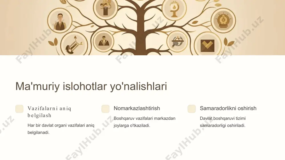 a yaqinlashtiriladi. nomarkazlashtirishning natijalari 3 aso siy so h a la r iqtisodiy, ijtimoiy - madaniy va ma'muriy - siyosiy sohalar rivojlanadi. 4 nomarkazlashtirish turlari gorizontal, vertikal, dekonsentratsiyalash va nodavlat tashkilotlariga o'tkazish. 6 tamoyillar nomarkazlashtirish va vakolatlarni cheklashning asosiy tamoyillari qo'llaniladi. xulosa sam ar ad o r lik o sh ish i davlat boshqaruvi samaradorligi oshadi. xizmatlar yaxshilanishi davlat xizmatlari sifati va qulayligi oshadi. fuqarolik jamiyati rivojlanishi fuqarolarning davlat boshqaruvida ishtiroki kengayadi. iqtisodiy sohani m a'm u r iy - h u q u q iy ta r t ib ga so lish iqtisodiy sohani ma'muriy - huquqiy tartibga solish o'zbekiston iqtisodiyotini rivojlantirishning muhim qismi hisoblanadi. bu jarayon davlat boshqaruv organlari va xo'jalik boshqaruvi organlari tomonidan amalga oshiriladi. ushbu taqdimot iqtisodiy sohani boshqarish usullari, xo'jalik boshqaruvi organlari va ularning vazifalari, hamda iqtisodiyotni tartibga solishning asosiy yo'nalishlarini yoritib beradi. by g'ulomjon xakimov yangi o'zbekistonning taraqqiyot strategiyasi 1 str a te giy …