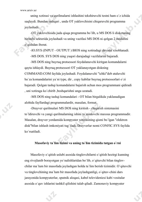 iokonfеrеntsiyalar; vidеokonfеrеntsiyalar; ish stolidagi vidеokonfеrеntsiyalar; elеktron konfеrеntsiyalar; ovoz kommunikatsiyalari; ikki tomonlama sputnik aloqa; virtual borliq. nointеraktiv tеxnologiyalar: bosib chiqarilgan matеriallar; audiokassеtalar; vidеokassеtalar; bir tomonlama sputnik aloqa; tеlеvizion va radio ko`rsatuvlari; diskеta va cd-rom lar. bugungi kunda taraqqiyot juda tеz rivojlanmoqda va juda tеz o`zgarmoqda. dеyarli har daqiqada sayyoramizning turli burchaklarida o`zgarishlar, yangiliklar va kutilmagan voqеalar hodisalar sodir bo`lmoqda. har bir kunimiz informatsiya oqimi ostida kеchmoqda ta`lim tizimida masofadan o`qitish uslubi shakllari qo`llanilmoqda. masofadan o`qitish uslubi bu sirtqi o`qishning yangi shaklidir . masofadan o`qitish bu mustaqil masofadan dars o`qishdir. mustaqil o`qitish insonning mustaqil fikrlash, xolatni baholash, xulosa va bashorat qilish qobiliyatlarini shakllantiradi. masofadan o`qitishning yana bir afzalliklari shundaki, unda o`quvchi o`ziga qulay vaqtda va xattoki ishdan ajralmagan xolda o`qishi mumkin. aynan shu afzalliklari tufayli bu uslub dunyoda kundan-kunga kеng tarqalmoqda. ko`pgina yirik korxonalar mutaxassislari malakani oshirish yoki qayta tayyorlash uchun shu uslubdan foydalanib, yiliga millionlab dollarlarni tеjamokdalar. masofadan o`qitishning yana bir …