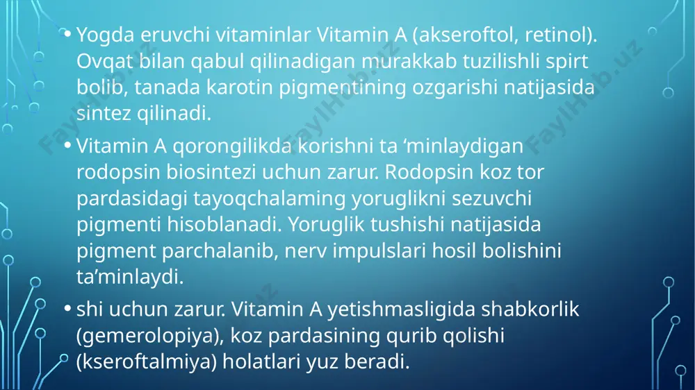 6 vitamini yoki piridoksol (adermin) koʻpchilik tajribalar natijasida aniqlanganki, insonlar va hayvonlar ozuqasi tarkibida b6 vitamini boʻlmaganda teri kasalligining bir turi vujudga kelib, hayvonlar va insonlarning lab, burun, boʻyin kabi kam junli qismi terilarida sariq dogʻlar paydo boʻladi, jun, sochlar tusha boshlaydi. nerv sistemada salbiy oʻzgarish boʻlib, inson yoki hayvonlar darmonsizlanib, qaltiraydigan boʻlib qoladi. umumiy vazn kamayadi, parrandalar kam tuxum tugʻadigan boʻlib qoladi, joʻja ochish ham kamayib ketadi. qonda eritrositlar miqdori kamayadi, oqsillarning nisbiy miqdori oʻzgaradi. b6 vitamini tabiatda asosan kunjara, soya, raps oʻtida, ozuqali achitqi kabilarda koʻproq boʻladi. b6 vitamini oq kristall, achchiq ta’mli moddadir. ishqor, kislotalar ta’siriga chidamli, lekin yorugʻlik ta’sirida tez buziladi. b12 vitamini yoki siankobalamin choʻchqalarda ich ketish, buyraklarning kasallanishi, orqa qismni ololmaslik (shol kasalligiga oʻxshash hol), parrandalar uchun oʻlik joʻjalar ochish, tuxum berishning pasayishi, kavsh qaytaruvchi hayvonlarda ham oʻlik bola tugʻilishi kabi hollar kuzatiladi. b12 vitamini ignasimon qizgʻish kristall moddadir. u yuqori haroratli havo kislorodiga …