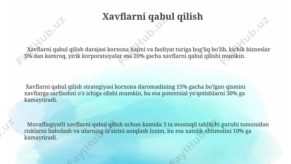 o'qotishlarni boshqarishda samarali vosita hisoblanadi. xavfni qayta taqsimlash strategiyasi, portfel diversifikatsiyasi bilan birgalikda, sarmoyalarni 15% gacha himoya qilish darajasini oshirishi mumkin. global miqyosdagi loyihalarda xavflarni qayta taqsimlash, 5 dan ortiq sheriklar bilan hamkorlikda, 30% gacha bo'lgan xarajatlarni kamaytirishga yordam beradi. xavflarni kamaytirish strategiyasi xatarlarni kamaytirish strategiyasi, 50% ga yaqin biznesning muvaffaqiyatsizligi sabablarini o'z ichiga olgan holda, xatarlarni aniqlash va baholash bo'yicha tizimli yondashuvni o'z ichiga oladi. risklarni boshqarish tizimining samaradorligi, o'z vaqtida reaktsiya vaqtini 2 barobarga qisqartirish va qiymat zanjirining barcha bosqichlarida 15% ga yaqin samaradorlikni oshirishga olib keladi. diversifikatsiya, portfelni boshqarish va 10 dan ortiq turdagi xatarlarni aniqlash orqali, moliyaviy yo'qotishlar ehtimolini 30% ga kamaytirish mumkin. xavflarni boshqarish tizimining ahamiyati samarali xavflarni boshqarish tizimi biznes-rejalarning muvaffaqiyat darajasini 2 baravarga oshiradi va noaniqlik sharoitida ham strategik maqsadlarga erishish ehtimolini yaxshilaydi. xalqaro standartlarga (iso 31000) mos keladigan xavflarni boshqarish tizimi, investitsiyalarni jalb qilishda 10% gacha yuqori foiz stavkalarini ta'minlashga yordam beradi …
