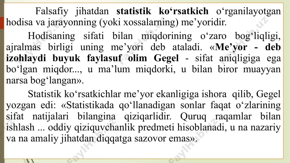 arash funksiyalarini bir-biriga bo‘lish) iborat bo‘lsa, ular ham mutlaq miqdorlarda ifodalanadi. ikkilamchi statistik ko‘rsatkichlarning boshqa turlari nisbiy miqdorlar deb yuritiladi. ular turli to‘plamlar yoki to‘plam qismlariga tegishli belgi qiymatlarini bir-biri bilan solishtirish, har xil o‘zaro bog‘langan belgilardan birini ikkinchisiga bo‘lish yoki yana qandaydir boshqa murakkab hisoblash amallarini bajarish yo‘li bilan olinadi. nisbiy miqdorlar oddiy bir miqdorni ikkinchisiga bo‘lish natijasida yoki murakkab tuzilmaviy hisoblashlarni bajarish hosilasi bo‘lishi mumkin. shunga qarab ular oddiy nisbiy ko‘rsatkichlar va murakkab statistik ko‘rsatkichlarga ajraladi. bunday murakkab ko‘rsatkichlarga misol qilib indekslarni, korrelyatsion-regression tahlil ko‘rsatkichlarni ko‘rsatish mumkin. 3. mutlaq va nisbiy ko‘rsatkichlar. mutlaq ko‘rsatkichlar o‘rganilayotgan hodisalar va ularning belgilarini bir xilligini, monandligini, o‘xshashligini ifodalaydi. mutlaq miqdorlar hodisalar yoki belgilarning ko‘lami, soni, hajmi, darajasi makon va zamonda taqsimlanish shaklida namoyon bo‘ladi. mutlaq miqdorlar hodisalar to‘plami yoki bir butun qismini ta’riflashiga qarab makro va mikro ko‘rsatkichlarga, olish usuliga asosan oqim va zahiraviy ko‘rsatkichlarga bo‘linadi. oqim ko‘rsatkichlari ma’lum davr davomida sodir …