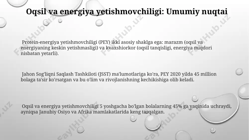 bolalarda oqsil-energiya yetishmovchiligi (bey) o'zbekistonning qashshoq hududlarida, masalan, qashqadaryo viloyatining ayrim tumanlarida, 5 yoshgacha bo'lgan bolalarning 15% gacha qismida uchraydi va o'limga olib kelishi mumkin. sog'lom turmush tarzini shakllantirish o'zbekistonda, 18-65 yosh oralig'idagi aholi orasida jismoniy faollikning yetarli darajada bo'lmasligi, yurak-qon tomir kasalliklari xavfini 30% ga oshiradi. sog'lom turmush tarzini shakllantirishda, kuniga kamida 7-8 soat sifatli uyqu, toshkentdagi sport komplekslaridan foydalanish va 2 litrgacha suv iste'mol qilish muhim ahamiyatga ega. to'g'ri va muvozanatli ovqatlanish, masalan, kunlik ratsionga 5 ta meva va sabzavot qo'shish, samarqand viloyatida yashovchi aholining sog'lig'iga ijobiy ta'sir ko'rsatadi. oilaviy va jamoatchilik salomatligi tadbirlari andijon viloyatida 2022-yilda protein va energiya yetishmovchiligi bilan bog'liq kasalliklar soni 15% ga kamaydi, bu o'z vaqtida o'tkazilgan profilaktika tadbirlari samaradorligini ko'rsatadi. oilaviy darajada, 5 yoshgacha bo'lgan bolalarda oziq-ovqat ratsioniga protein va energiya miqdorini aniqlash uchun samarqand viloyatida 200 ta oilada so'rovnoma o'tkazildi. toshkent shahridagi 10 ta sog'liqni saqlash markazida protein-energetik yetishmovchilik bilan og'rigan …
