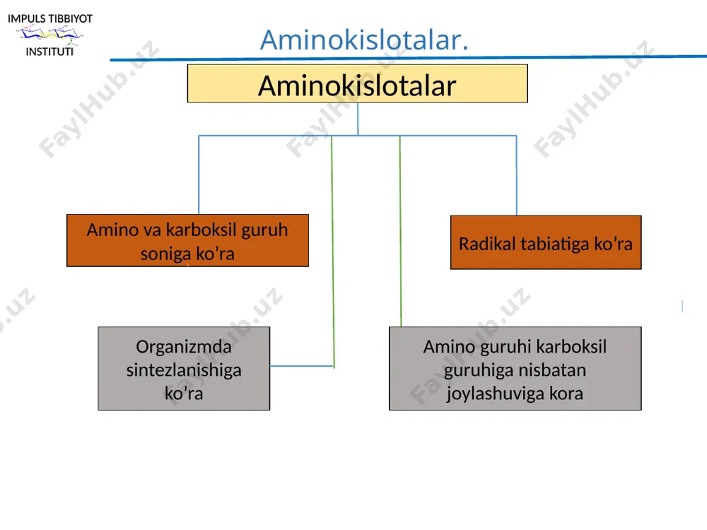 aksiyalarda ishtirok etadi aminokislotalarning kimyoviy hossalari γ-aminomoy kislota (gamk) ham glutamin kislotani dekarboksillanish reaksiya mahsuloti bo’lib, organizmda neyromediator vazifasinibajaradi. glutamin kislota γ – aminomoy kislota shuningdek, tabiiy aminokislotalardan serin, sistein, lizin, triptofan, asparagin va boshqa aminokislotalarning dekarboksillanish reaksiyalari ham biologik jihattdan muhimdir aminokislotalar aminoguruh aminokislotalar aminoguruh hisobiga alkillash, atsillash, tuz hosil qilish dezaminlash reaksiyalariga kirishadi. aminokislotalar aminoguruh . aminokislotalar aminoguruh “in vivo” sharoitida aminokislotalar aminoguruh α-aminokislotalar degidrogenaza fermentlari va nad+ va nadf+ kofermentlari ishtirokida oksidlanadi va almashingan iminlar (shiff asoslari) hosil bo’ladi. birinchi bosqichda fermentlar yordamida degidrogenlash (oksidlanish) sodir bo’ladi va iminokislota hosil bo’ladi, ikkinchi bosqichda esa fermentlar ishtirokisiz gidroliz hisobiga iminokislota ketokislotaga aylanadi. hosil bo’lgan ammiak movhevina sikliga kirishib ketadi. fenilalanin α-iminokislota fenilpirouzum kislota aminokislotalarning aldagidlar bilan ta’sirlashishi natijasida avval karbinolaminlar, so’ngra almashingan iminlar – shiff asoslarihosil bo’ladi. bu reaksiya formol titrlashda α-aminokislotalarning miqdoriy aniqlash uchun ishlatiladi, reaksiyada formaldagiddan foydalaniladi. alanin formaldagid almashingan imin shif asossi aminokislotalar aminoguruh . …