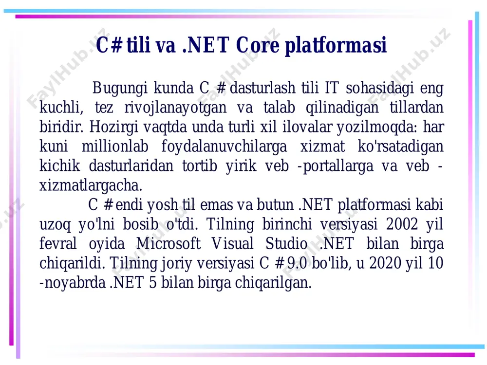 u haqdir. .net freymvorki ilovalarni yaratish uchun kuchli asos yaratadi. quyidagi asosiy xususiyatlarni ajratish mumkin: .net platformasining roli ko'p tillarni qo'llab-quvvatlashi. asosiy platforma common language runtime (clr) bo’lib, u .net tufayli c# shuningdek, vb.net, c++, f# kabi bir nechta tillarni, shu bilan birga .net bilan bog'langan boshqa tillarning turli “lahjalari”, masalan, delphi.net ni qo'llab-quvvatlaydi. ushbu tillarning ixtiyoriy bittasida yozilgan kod .net platformasi uchun umumiy bo'lgan common intermediate language (cil) tilda kompilyatsiya qilinadi. bu til .net platformasi uchun assembler kabidir. shuning uchun ham ayrim hollarda, turli tillarda bitta ilovaning alohida modullarini yasashimiz mumkin bo’ladi. .net platformasining roli krossplatformalilik. .net platformasini ba'zi cheklovlar bilan turli xil platformalarga ko’cherish mumkin. masalan, hozirgi vaqtda platformaning so'nggi .net 5 versiyasi ko'pchilik zamonaviy windows, macos, linux kabi operatsion tizimlarida qo'llab-quvvatlanadi. .net platformasida turli xil texnologiyalardan foydalanib, c # da turli xil platformalar, ya’ni windows, macos, linux, android, ios, tizen platformalari uchun dasturlar ishlab chiqish mumkin. juda …