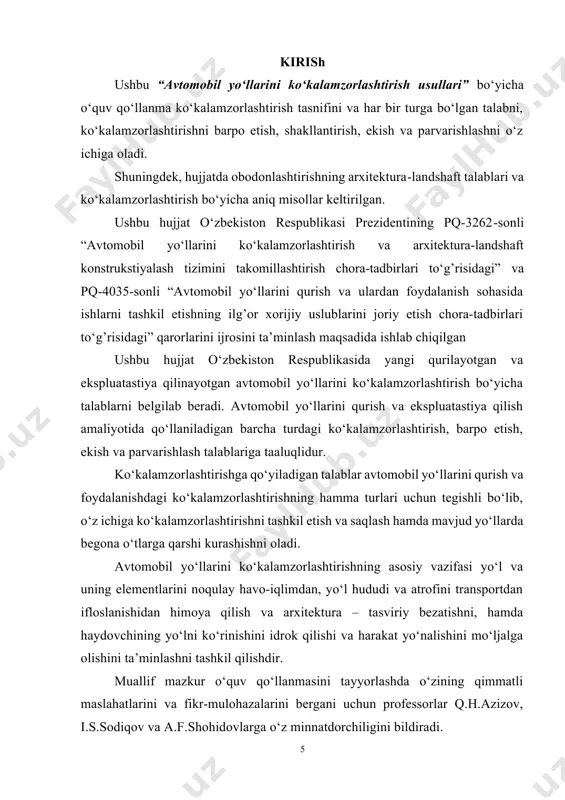 at qiladi. yo‘l o‘simliklari muhandislik inshootlari (ajratuvchi tasma, yon bag’r qiyaligi, suv qochirish ariqchalari v.b.) saqlanganligini ta’minlashga yordam beradi. ko‘kalamzorlashtirish faqat manzara vazifasini emas, balki yo‘lning transport-ekspluatastion ko‘rsatgichlariga, ba’zi bir hollarda yo‘l harakati xavfsizligi va qulayligiga ham sezilarli darajada ta’sir ko‘rsatadi. yo‘l bo‘yi o‘simliklarining himoya funkstiyalari yo‘llarni qor va qum bosishidan va changto‘zondan asrashda, daraxtlar ochiq joylarda transport vositasini boshqarishni qiyinlashtiradigan yon tomondan esadigan kuchli shamolni to‘sishda, butalar o‘yma, ko‘tarma yon bag’rlarini va jarliklarni suv va shamoldan emirilishidan himoyalashda, o‘simliklar yo‘l poyini namgarchilik va suvli joylarda quritishga yordam beradi. yo‘l bo‘yi o‘simliklari yo‘l harakatini tashkil etishning kompleks tadbirlarida, tuman va qor bosib qolish davrlarida, sutkani qorong’i vaqtida yo‘lni idrok etishni ta’minlash, hamda yo‘lning to‘g’ri va egri bo‘laklarida haydovchilarni yo‘nalishni aniqlashini yaxshilash, yo‘lning ayrim elementlarini, chorrahalar, xizmat ko‘rsatish inshootlarini aniq ko‘rsatib harakat xavfsizligini oshirishga yordam beradi. ajratuvchi tasmali bo‘lgan ko‘p tasmali yo‘llarda haydovchilarni qarshi tomondan kelayotgan avtomobillar farasi yorug’ligidan ko‘z qamashishini …