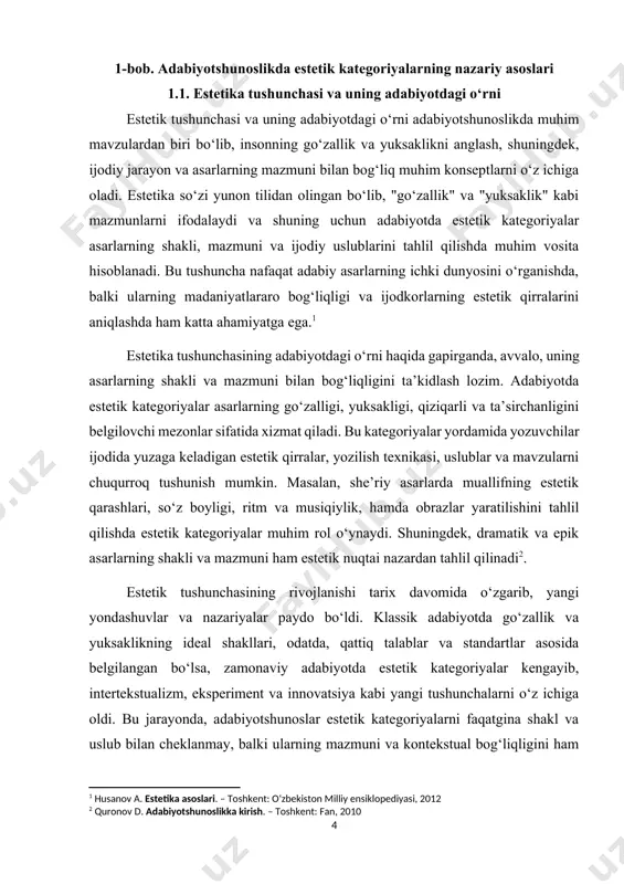 , insonning ideal yoki yuksak maqsadlar sari intilishini ifodalaydi. fojiaviylik va kulgilik esa, adabiyotda inson hayoti va insoniy muammolarni turli nuqtai nazardan ko‘rsatishda, ularning muvozanatini saqlashda muhim rol o‘ynaydi[footnoteref:3]. [3: sharipov sh. adabiyot nazariyasi. – toshkent: akademnashr, 2014.] estetik kategoriyalarni tushunish va tahlil qilishdagi dolzarb muammolardan biri – ularning zamonaviy texnologiyalar yordamida aniqligi va kengaytirilishidir. kompyuter texnologiyalari va sun’iy intellekt yordamida adabiyotdagi estetik kategoriyalarni aniqlash va tasniflash imkoniyatlari oshmoqda. bu yondashuvlar yozuvchilarning ijodiy uslublarini, mavzularini va estetik qarashlarini yanada chuqurroq o‘rganishga yordam beradi. shu bilan birga, bu texnologiyalar yordamida asarlarning estetik qiymatini baholash va taqqoslash jarayonlari ham soddalashtirilmoqda. adabiyotda estitek kategoriyalari adabiy asarlar va ularning turlari hamda shakllarini tasniflashda muhim rol o'ynaydigan tushunchalar va mezonlardir. bu kategoriyalar adabiyotshunoslikda asarlarning janrlari, uslublari, mavzulari va yozilish texnikasini aniqlash va tahlil qilish uchun asos bo'lib xizmat qiladi. estitek kategoriyalarining rivojlanishi adabiyotshunoslik tarixida muhim bosqichlarni o'z ichiga olgan bo'lib, ular orqali turli davrlar va …