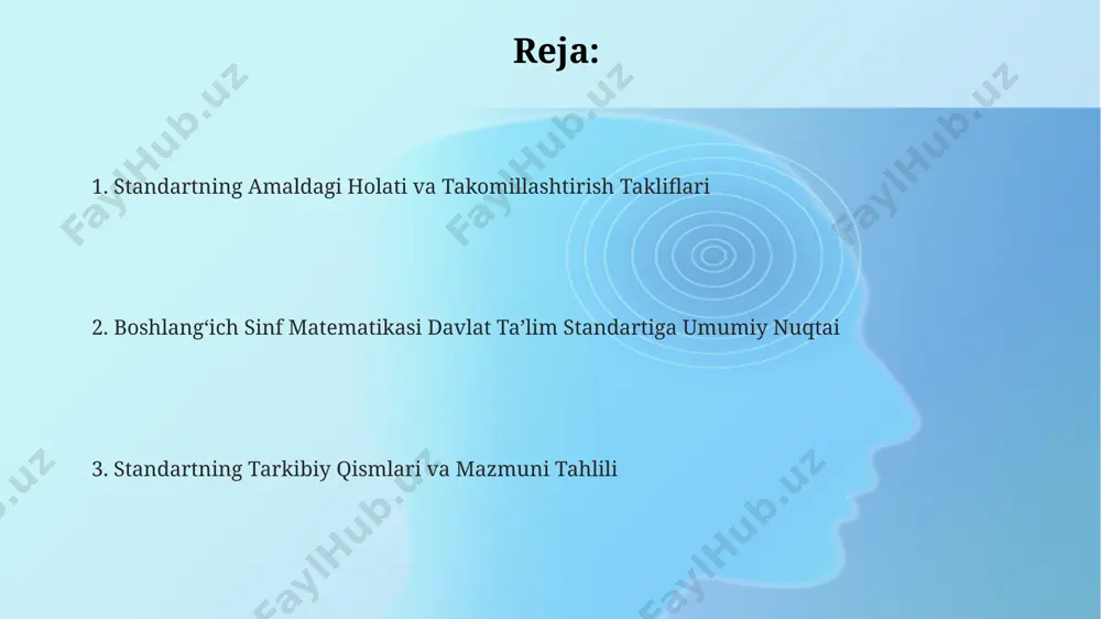 zifalaridan biri o'quvchilarning matematik savodxonligini oshirish, matematik muammolarni turli usullar bilan yechish ko'nikmalarini shakllantirish, 2023-yilgi davlat nazorati natijalariga ko'ra baholanadi. ta'lim standarti, o'quvchilarning mustaqil fikrlash qobiliyatini rivojlantirishga qaratilgan bo'lib, xususan, andijon shahridagi 5 ta eksperimental maktabda yangi pedagogik texnologiyalar orqali matematika fanidan 10 balldan kam baho olganlar sonini kamaytirishga qaratilgan. oʻquv dasturining tarkibi va tuzilishi oʻquv dasturida geometrik shakllarni oʻrganish 2-sinfdan boshlanib, 4-sinfga kelib 2 oʻlchovli va 3 oʻlchovli shakllarni chuqurroq tahlil qilish bilan yakunlanadi, bu esa 25 ta turli geometrik teoremalarni oʻz ichiga oladi. 1-4-sinf matematika oʻquv dasturi samarqand viloyati maktablari uchun 4 ta asosiy boʻlimdan iborat boʻlib, har bir boʻlim 10 dan ortiq mavzu va 50 dan ziyod amaliy mashqlarni oʻz ichiga oladi. sonlar bilan ishlash boʻyicha 3-sinfda 1000 gacha boʻlgan sonlar bilan amallar bajarish, qoldiq bilan boʻlinish va kasrlarning boshlangʻich tushunchalarini oʻz ichiga olgan 35 ta dars rejalashtirilgan. standartning kuchli va kuchsiz tomonlari tahlili стандартда геометрик тушунчаларнинг …