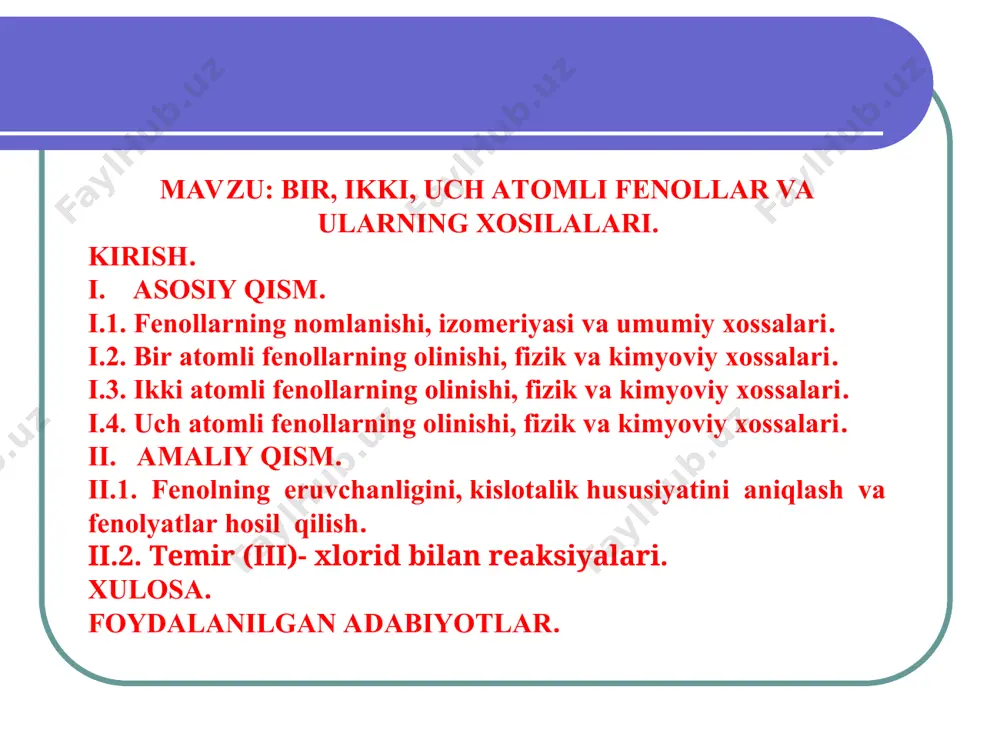 ari buluti benzol xalqasi p-elektron buluti bilan ta`sirlashib xalqa tomon siljiydi. natijada kislorod o`z navbatida kislorod-vodorod bog’ining elektron bulutini o`ziga ko`proq tortadi va vodorod ancha protonlashib qoladi. benzol xalqasini gidroksid guruxiga ta’siri. о–нδ+ с сн сн сн сн сн fenolning kislotalilik xossasi. fenol spirtlarga qaraganda kislotalilik xossasi kuchli. olinishi. sanoatda fenol xlorbenzolni o'yuvchi ishqorlar ishtirokida gidrolizlab olinadi: olinishi. izopropilbenzol (kumol) oksidlanib, so'ngra konsentrlangan sulfat kislota ta’sirida parchalanganda fenol va atseton hosil bo'ladi: olinishi. aromatik sulfokislota tuzlarini o‘yuvchi ishqorlar bilan qo‘shib qizdirilganda fenollar hosil boladi: olinishi. fenol va uning gomologlarini birlamchi aromatik aminlardan diazobirikmalar orqali hosil qilish mumkin: olinishi. fenollarni aromatik karbon kislotalarni oksidlovchilar ishtirokida dekarboksillab hosil qilish mumkin: kimyoviy xossalari. fenollar turli kimyoviy jarayonlarga gidroksil guruhi yoki aromatik halqa vodorodlari hisobidan juda oson kirisha oladi. fenollarning spirtlar yoki suvga qaraganda kislotalik xossasi katta. ularning kislotalik xossasi karbon kislotalarga nisbatan kuchsiz. kislotalilik xossasi 1. aktiv metallar bilan almashinishi: 2с6н5–он + 2na …
