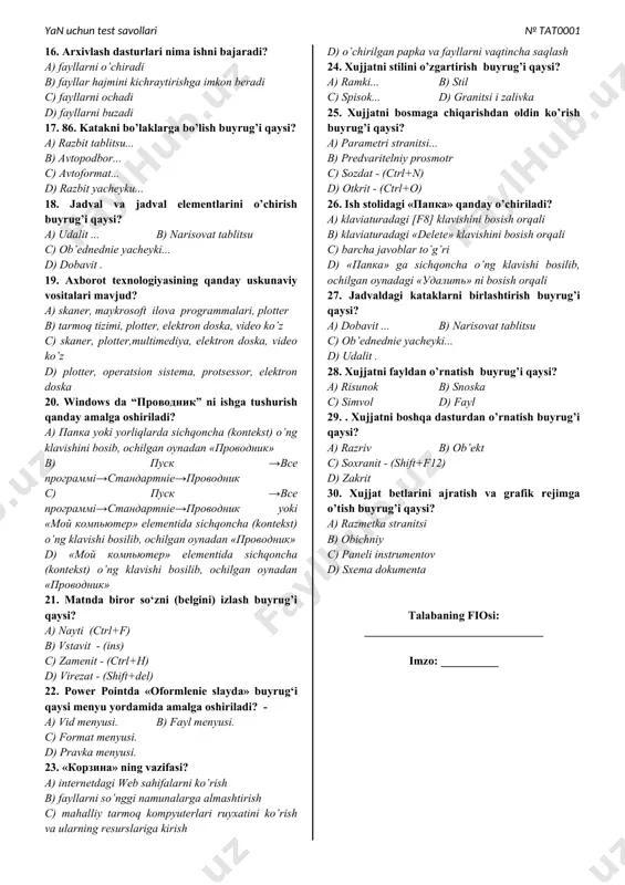 ug’i qaysi? a) soxranit - (ctrl+s) b) soxranit kak… c) otkrit (ctrl+o) d) zakrit 10. xujjatlarni yaratishda avtomatlashtirilgan istrumentlar doskalarini o’rnatish buyrug’i qaysi? a) paneli instrumentov b) obichniy c) sxema dokumenta d) razmetka stranitsi 11. axborotni bufer xotiraga ko‘chirish buyrug’i qaysi? a) virezat - (shift+del) eki ctrl+x b) vstavit - (ins) c) nayti (ctrl+f) d) zamenit - (ctrl+h) 12. istalgan betga o’tish buyrug’i qaysi? a) virezat - (shift+del) b) pereyti - ( f5) c) zamenit - (ctrl+h) d) nayti (ctrl+f) 13. kompyuterni o’chirish tartibi qanday amalga oshiriladi? a) elektr manbaidan uziladi. b) barcha faol (aktiv) oynalar (dasturlar) yopiladi, «пуск» bosilib, ochilgan oynadan «вiключить компьютер» bandi tanlanadi va «вiключение» bosiladi c) barcha faol oynalar (dasturlar) yopiladi, «alt+f4» bosiladi, ochilgan oynadan «вiключение» bandi bosiladi, yoki barcha faol (aktiv) oynalar (dasturlar) yopiladi, «пуск» bosilib, ochilgan oynadan «вiключить компьютер» bandi tanlanadi va «вiключение» bosiladi d) barcha faol oynalar (dasturlar) yopiladi, «alt+f4» bosiladi, ochilgan oynadan …