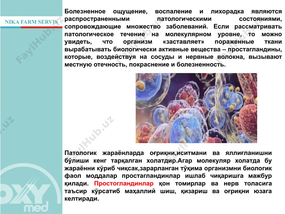 уйдаги холатлар учун текширувлар ўтқазилиши лозим: гемокоагуляцияни бузилиши; жигар, талоқ ва буйрак касалликлари; веналарнинг варикоз кенгайиши юрак қон томир тизими касалликлари; аутоиммун патологиялари; ученые считают, что обезболивающее и жаропонижающее действие антипиретиков, механизм которого в течение более столетия оставался загадкой, связано именно с ингибицией цог-3. за счёт этого центр терморегуляции активно избавляется от избытка энергии то ест температуры. олимлар фикрига кўра антипиретик воситаларнинг оғриқ қолдирувчи ва иситма туширувчи хусусияти айнан цог 3 ферментини ингибициясига боғлиқ, афсус ки бу ферментни тўлиқ ўрганиш олимлар олдидаги ечилмаётган жумбоқдир. айнан шу таъсир натижасида терморегуляция маркази фаоллашиб,ортиқча энергия яъни иссиқликдан холи бўлишга интилади. метамизол натрия парацетамол ацетилсалицил кислота кеторолак ацетилсалициловая кислота лекарственные препараты салицилаты хороший противовоспалительный, обезболивающий и жаропонижающий эффект в малых дозах (75 – 325 мг) – антиагрегантный эффект показания: лихорадка, болевой синдром слабой интенсивности противопоказана при меналгиях – риск кровотечения противопоказана применение на фоне орви у детей до 12 лет противопоказана при бронхиальной астме …