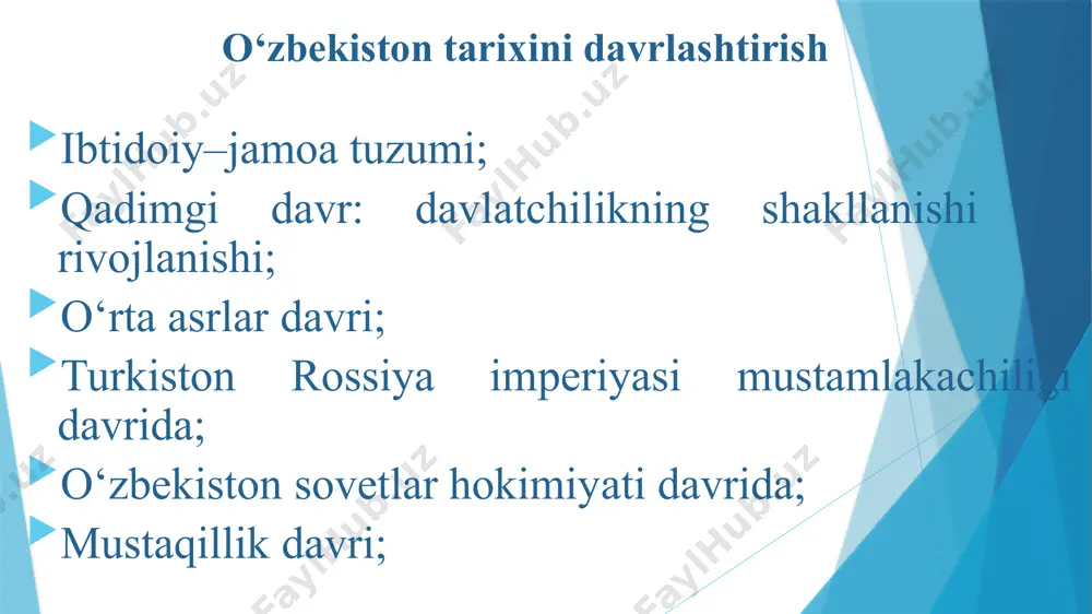 ralmas qismiga aylandi. islom karimovning «tarixiy xotirasiz kelajak yo‘q», «yuksak ma’naviyat-engilmas kuch» nomli asarlari prezidentimiz shavkat mirziyoev 2018-yil28- dekabrda oliy majlisga qilgan murojaatnomada bildirgan o‘z fikr mulohazalarida quyidagilarni qayd etadi: «afsuski,yurtimiz tarixini o‘rganishda o‘tgan davrlarda arxeologik tadqiqotlar etarli darajada olib borilmadi.shuning uchun fanlar akademiyasining arxeologiyava san’atshunoslik institutlari faoliyatini, oliy o‘quv yurtlari va muzeylardagi arxeologik izlanishlarni chetellik hamkorlar bilan birga tashkil etishzarur. o‘zbekiston milliy teleradiokompaniyasi negizida «o‘zbekiston tarixi telekanali»ni tashkil qilish taklifini ilgari surgan edi. mazkur taklif asosida 2019-yil 1 sentyabrdan boshlab ushbu telekanal o‘z ish faoliyatini boshladi, toshkent shahrining olmazor tumanida ikkinchi jahon urushida qozonilgan buyuk g‘alabaning 75 yilligiga bag‘ishlab «g‘alababog‘i»,«shon-sharaf» muzeyi, «matonat madhiyasi»,«mangu jasorat» monumenti barpo etildi. image1.jpeg image2.jpeg image3.jpeg /docprops/thumbnail.jpeg
