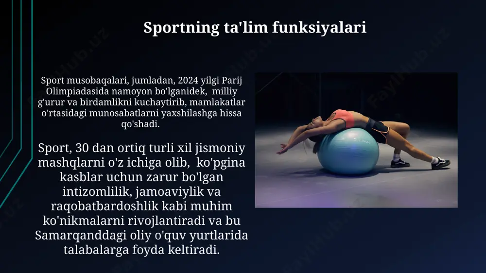 istonda 5 milliard dollardan ortiq daromad keltiruvchi turizm sektoriga qo'shgan hissasi muhim o'rin tutadi, bu esa mintaqaviy iqtisodiyotga ijobiy ta'sir ko'rsatadi. sportning milliy birlik funksiyasi sport musobaqalari, xususan, respublika miqyosidagi 15 ga yaqin turli sport turlarida o'tkaziladiganlar, o'zbekistonning turli viloyatlaridan kelgan sportchilar va murabbiylar o'rtasida hamkorlik va birdamlikni kuchaytiradi. sport, 2022 yilgi osiyo o'yinlarida bo'lgani kabi, o'zbekistonning turli mintaqalaridan kelgan odamlarni birlashtirib, milliy birdamlikni mustahkamlashga yordam beradi, bu esa 10 millionlab tomoshabinlarni birlashtiradi. sportning aqliy funksiyalari sport bilan shugʻullanish miya hajmini 10% ga oshirishi mumkinligi haqida tadqiqotlar olib borilgan, xususan, buyuk britaniyaning kembrij universiteti olimlari tomonidan o'tkazilgan tekshiruvlar buni tasdiqlaydi. mutaxassislarning fikricha, muntazam jismoniy mashqlar, shu jumladan sport turlari, 65 yoshdan oshgan odamlarda kognitiv funksiyalarni, xususan, xotira va e’tiborni 25% ga yaxshilashga yordam beradi. sportning ijtimoiy funksiyalari sportning ijtimoiy-psixologik funksiyalari orasida stressni kamaytirish, 5000 dan ortiq odamlar ishtirok etgan tadqiqotlarga ko'ra, o'ziga ishonchni 20% ga oshirish va ijtimoiy moslashuvchanlikni yaxshilashni …
