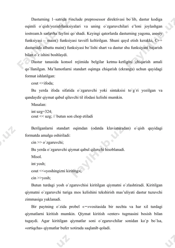 eksemlariga quyidagilar kiradi: katta va kichik lotin alfaviti harflari a,b,..,z,a,b,…,z arab raqamlari 0,1,2,3,4,5,6,7,8,9 maxsus belgilar “ , {} | [] () + - / % \ ; ‘ . : ? _ ! & * # ~ ^ ko`rinmas belgilar probel, tabulyatsiya, yangi qatorga o`tish belgilari dasturlash tilining muhim tayanch tushunchalaridan biri – identifikator tushunchasidir. identifikator deganda katta va kichik lotin harflari, raqamlar va tag chiziq « ̠ » belgilaridan tashkil topgan va raqamdan boshlanmaydigan belgilar ketma–ketligi tushuniladi. identifikatorlarda harflarning registrlari (katta yoki kichikligi) hisobga olinadi. masalan, run, run, run bu har xil identifikatorlardir. identifikator uzunligiga chegara qo`yilmagan, lekin ular faqat boshidagi 32 belgisi bilan farqlanadi. identifikatorlar kalit so`zlarni, o`zgaruvchilarni, funksiyalar, nishonlarni va boshqa obyektlarni nomlashda ishlatiladi. c++ tilining kalit so`zlariga quyidagilar kiradi: asm class double for long public static typename auto const else friend mutable register struct union break continue enum goto new return swith unsigned case default explicit …