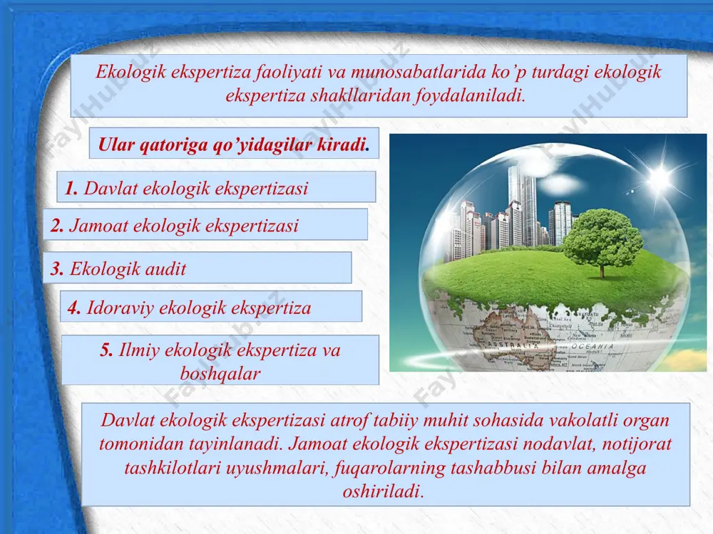 logik-xuquqiy ekspertiza. u mustaqil ahamiyatga ega bo’lib, uning obyekti qonunlar, farmonlar, xukumat qarorlari, farmoyishlari va vazirliklar, idoralar, respublika subyektlarining berilgan vakolatlar doirasida qabul qilgan normativ aktlari va buyruqlarini ekologik ekspertizadan o’tkazish hisoblanadi. davlat ekologik ekspertizasi davlat ekologik ekspertizasini tashkil etish va o’tkazish o’zbekistonning atrof tabiiy muhiti va tabiiy resurslarini muhofaza qilishni davlat yo’li bilan tartibga solishning asosiy vositalaridan biridir. davlat ekologik ekspertizasi mo’ljallanayotgan yoki amalga oshirilayotgan xo’jalik faoliyati yoki boshqa faoliyatning ekologik jihatdan xavflilik darajasini aniqlash, ularning tabiatni muhofaza qilish qonunlarining talablariga muvofiqligini baholash, loyihalarida nazarda tutilayotgan tabiatni muhofaza qilish tadbirlarining yetarli yoki asosli ekanligini aniqlash maqsadlarida o’tkaziladi. ishlab chiqarish-xo’jalik va boshqa faoliyatning davlat ekologik ekspertizasi davlatning u yoki boshqa faoliyatini ro’yobga chiqarishga, obyektlarni hududiy joylashtirishga ruhsat va rozilik berishi hisoblanadi. o’zbekiston respublikasining «ekologik ekspertiza to’g’risida» qonuniga muvofiq qo’yidagi obyektlarni ekologik ekspertizadan o’tkazish majburiydir (11-modda): davlat dasturining, konsepsiyalarining, ishlab chiqarish kuchlarini, iqtisodiy va ijtimoiy soha tarmoqlarini joylashtirish hamda rivojlantirish sxemalarining …