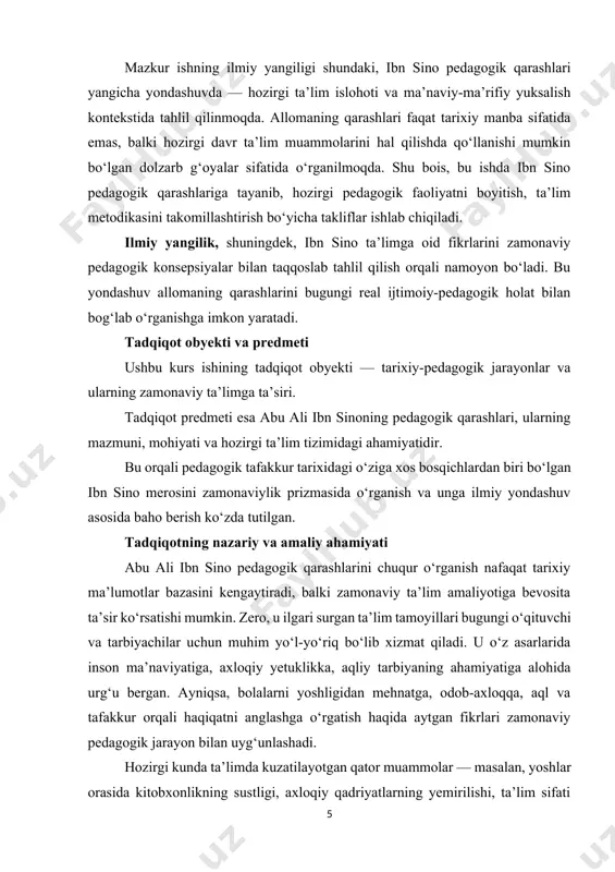 rs ishi orqali bu masalalarning nazariy va amaliy asoslari yoritilib, o‘z yechimini topishga qaratilgan taklif va tavsiyalar ishlab chiqiladi. i bob. abu ali ibn sinoning hayoti va ilmiy merosi 1.1. abu ali ibn sinoning hayoti va faoliyatiga umumiy nazar abu ali al-husayn ibn abdulloh ibn hasan ibn ali ibn sino — o‘rta asr sharq ilm-fanining yirik vakili, buyuk mutafakkir, faylasuf, tabib, matematik, astronom, musiqa nazariyotchisi va, albatta, pedagogik tafakkur egasidir. u 980-yilda hozirgi o‘zbekiston hududidagi afshona qishlog‘ida (buxoro yaqinida) tug‘ilgan. yoshligidan aql-zakovati bilan tengdoshlaridan ajralib turgan ibn sino, hali o‘n yoshga yetmasdan qur’onni yod olgan va arab tili hamda adabiyotini chuqur o‘rganib chiqqan. bu davrda uning bilimga chanqoqligi nihoyatda kuchli bo‘lib, har bir sohada chuqur bilim olishga intilgan. ibn sino ilk ta’limni otasi va u orqali buxoroning ilg‘or ulamolaridan oladi. tez orada u mantiq, falsafa, fiqh, tabobat, musiqa, matematika, geometriya, astronomiya kabi ko‘plab sohalarda chuqur bilim egallaydi. uning o‘qituvchilari orasida …