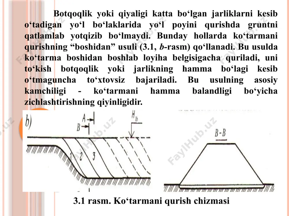 kreperlar ekskavatorga samaraliroqdir. gruntlarni tashish masofasi 2 km dan ortiq bo‘lganda ish unumdorligi 350 m3/soat bo‘lgan rotorli ekskavatorlardan foydalanilganda yer ishlari ancha arzonga tushadi. gruntlarni tashish masofasiga va ekskavator kovishining sig‘imiga mos keladigan avtomobilning muqobil yuk ko‘tarish qobilyati bo‘ladi. ob'ektdagi ish hajmi va boshqa omillar samaradorlik ko‘rsatkichlariga ta'sir qiladi. o‘ymalarni o‘yish va qo‘shni ko‘tarmalarni buldozer bilan qurish. buldozerlar quvvati va tortish kuchiga ko’ra guruhlarga bo‘linadi: o‘ta og‘ir – tortish kuchi 250 kn gacha; og‘ir – 150 kn; o‘rtacha – 100 kn; yengil – 50 kn; kichik hajmli – 2.5 kn. yurish qismiga ko’ra buldozerlar gusenisali va g‘ildirakli; ag’dargichini boshqarishiga ko’ra mexanik va gidravlik uzatkichli; ag’dargichning o‘rnatilishiga ko’ra burilmaydigan va buriladigan (universal) ag’dargichli. buriladigan ag’dargich traktor bo‘ylama o‘qining ikkala tomonidan 90 va 600 burchak otsida o‘rnatilgan va mutsahkamlangan bo‘lishi mumkin. ayrim buldozerlarda ag’dargich gorizontal tekislikka 5o qiyalikda o‘rnatiladi. gusenitsali buldozer g’idirakli buldozer o’zi yurar skreper yarim yuklagichli skreper universal buldozerlar gruntni …