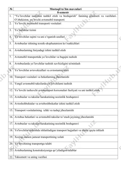 yo'lovchilar tashishni tashkil etish va boshqarish — DOCX