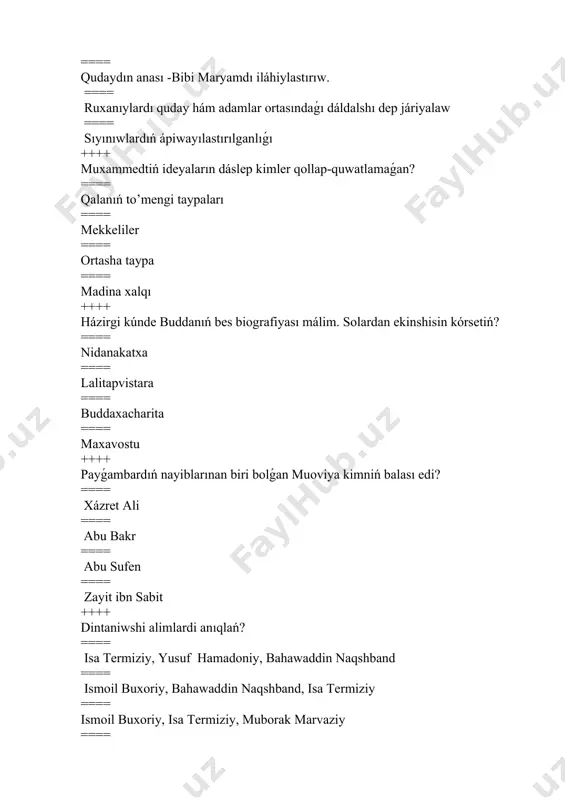 stitusiyaviy basqarıw princpı turaqlılıǵı ==== etnik tárepten násil- haslın izlewge umtılıw ++++ ǵmda aǵzaları tárepinen «terrorizmge qarsı gúres haqqındaǵı shártnama» ǵa qashan qol qoyılǵan? ==== 1999 -jıldıń 4-iyun ==== 2000 -jıldıń 4-iyun ==== 2001 -jıldıń 4-iyun ==== 2002 -jıldıń 4-iyun ++++ neshinshi jili ózbekstan respublikası ministrler kábineti janında tashkent islam universiteti dúzildi? ==== 1999-jili ==== 2000-jili ==== 1995-jili ==== 2005-jili ++++ muhammed al-beruniy orta arnawlı islam bilim jurtı qaysi qalada jaylasqan? ==== tashkentte ==== samarqandta ==== nókiste ==== buxarada ++++ ózbekstan respublikasınıń «terrorizmge qarsı gúres haqqında»ǵı nızamı qashan qabıllandı? ==== 1999 -jıl 1-dekabr ==== 2002-jıl 30 -dekabr ==== 2001-jıl 15-dekabr ==== 2000-jıl 15-dekabr ++++ kimniń atap ótiwinshe, “waxxabiyler menen qilǵan sáwbetlerim sonı kórsetedi, olar saqal qoyǵan, dúnyalıq hám diniy bilimnen xabarsız jaslar hám hár túrli qatlam aǵzaları. hátte olar waxxabiylik ne ekenligin bilmeydi” degen? ==== xajı ismatulla abdullax ==== jamaladdin al-afǵoniy ==== xasan al-banno ==== hamid as-said ++++ dáslepki xalıq …