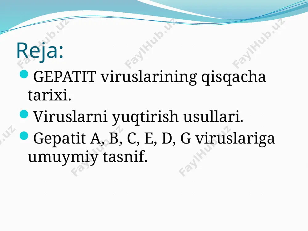 ari). qo‘zg‘atuvchilar transfuzion, in’eksion, perinatal va jinsiy yomlar bilan yuqadi. bundan tashqari, в va d gepatitlari yaqin maishiy aloqada ham yuqishi mumkin. zararlangan qon bilan bomgan har qanday kontakt kasallikka olib kelishi mumkin. в, c, d, g va ttv gepatitlar qo‘zg‘atuvchilari keltirib chiqargan yuqumli jarayonlar uchun kasallikning surunkali kechishi va virus tashuvchilikning rivojlanishi juda xosdir. • enteral (fekal-oral) yo‘l bilan yuqadigan virusli gepatitlar (a, e va taxminan, g‘ gepatitlar). qo‘zg‘atuvchilar oziq-ovqat, suv va aloqa orqali o‘tadi. bundan tashqari, transfuzion va jinsiy yo‘l orqali yuqish ham inkor etilmaydi. kasallikka davriylik xos (kuz-qish), asosan yosh bolalar va o‘smirlar ko‘p kasallanadi. a, e, g gepatitlari qo‘zg‘atuvchilari keltirib chiqargan yuqumli jarayonlar ohkir kechadi va virustashuvchilik rivojlanmaydi. gepatit a virusi gepatit a (botkin kasalligi) - fekal-oral yo‘l orqali o‘tadigan yuqumli kasallik bo‘lib, o'tkir gepatitning simptomokompleksi rivojlanishi bilan kechadi, jigaming klinik va morfologik shikastlanishi bilan xarakterlanadi. bu kasallik qadimgi davrdan ma’lum, u haqida gippokrat ham yozib …