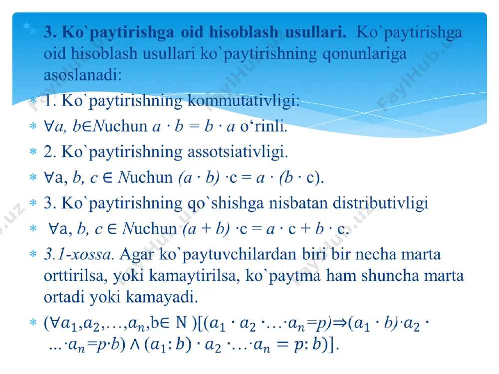 asi qoidaga asoslanib, sodda a∙5∙10 n shakliga ega bo’ladi. demak, a∙5∙10 𝑛 = (a∙10 𝑛+1 ) : 2. shuni isbotlash talab qilingan edi. 3.6 - qoida. 25 (250,2 500) ga ko’paytirish.sonni 25 (250,2 500) ga ko’paytirish uchun,uni 100 (1 000, 10 000)ga ko’paytirib 4 ga bo’lish kifoya. misol. а) 137 ∙25 = (137 ∙ 100):4 = 13 700 : 4 =(13 700 :2 ) : 2 = (10 000 : 2 + 3 000 : 2 + 700 : 2) : 2 = (5 000 + 1 500 + 350) : 2 = 6 850 : 2 = 6 000 : 2 + 800 : 2 + 50 : 2 = 3 000 + 400 + 25 = 3 425; b) 279 ∙ 250 = (279 ∙ 1 000):4 = 279 000:4 = (279 000:2):2 = 139 500 : 2 = 69 750; c) 328 ∙2500 =(328 ∙10 000):4 =3 …