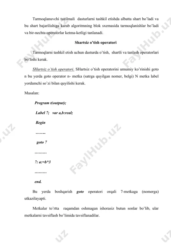 agicha; case of end masalan: case i of 2: x:=0; 3: x:=a*x; 100: x:=sin(x); end; a:=b; agar i 3ga teng bo’lsa x:=a*x bajariladi va boshqarish a:=v operatorga utadi. tarmoqlanuvchi strukturali algorimlarni dasturlash tarmoqlanuvchi strukturali algorimlarni dasturlashtirishda shatrsiz o’tish va shartli o’tish operatorlaridan foydalaniladi. tarmoqlanuvchi strukturali algoritmlarda biror bir shartga ko’ra algoritmning keyingi kadamlari quyilgan shartga ko’ra tarmoqlarga bo’linib bajariladi. yuqorida keltirilgan fikrlarni misolda ko’rib utamiz. quyidagi funktsiyani hisoblash algoritmining blok-sxemasi va paskal tilidagi dasturini tuzamiz bu yerda а=3,8; b=3,4. adabiyotlar ro’yxati: 1. каримов и.а. ўзбекистон келажаги буюк давлат. “ўзбекистон”, 1992 2. каримов и.а. ислоҳотларни амалга оширишда қатъиятли бўлайлик. “ўзбекистон”, 1996 3. «иқтисодий информатика» с.с.ғуломов ва бошқалар с.с.ғуломовнинг умумий тахрири остида.-т.: «шарқ», 1999.- 546 б 4. “ахборот тизимлари ва технологиялари”: олий ўқув юртлари талабалари учун дарслик//муаллифлар жамоаси: с.с.ғуломов, р.х.алимов, х.с.лутфуллаев ва бошк./; с.с.ғуломовнинг умумий тахрири остида.-т.: «шарқ», 2000.- 592 б. 5. аюпов р.х., исмоилов с.и., аюпов х.р. хусусий компьютерларда ишлаш. “microsoft …
