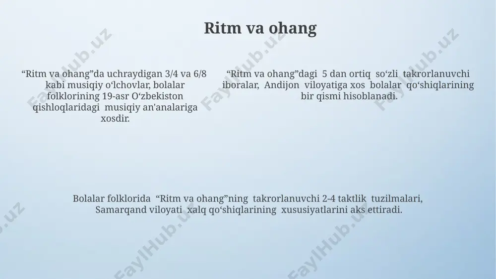 a xos xususiyatlarga ega. surxondaryo va qashqadaryo kabi janubiy viloyatlardagi bolalar folklori namunalari, 30 ga yaqin hikoya va qo'shiqlar orqali, o'ziga xos obrazlar va motivlarni aks ettiradi. bolalar folklorining geografik tarqalishi, masalan, ertaklar, 50 dan ortiq mintaqada, jumladan, buxoro, samarqand va xorazm viloyatlarida kuzatilgan xilma-xillikni ko'rsatadi. bolalar folklorining o'rni va ahamiyati bolalar folkloridagi 7 ta asosiy janr (ertaklar, topishmoqlar, qo'shiqlar va boshqalar) orqali bolalarga axloqiy qadriyatlar, tabiatga hurmat va 21-asrda ham dolzarb bo'lgan ijtimoiy masalalarni o'rgatish mumkin. bolalar folklori, 5 yoshdan 12 yoshgacha bo'lgan bolalar uchun 200 dan ortiq ertak, topishmoq va qo'shiqlarni o'z ichiga olgan holda, o'zbek madaniyati va an'analarini 3 avlod davomida saqlab kelmoqda. samarqand, buxoro va xorazm kabi hududlarda yig'ilgan bolalar folklori namunalari, tilning o'ziga xos xususiyatlari va 15-asrga oid hikoyalar orqali, mintaqaviy dialektlar va tarixiy voqealarni aks ettiradi. takrorlanish va parallellik “takrorlanish va parallellik”da, ayniqsa, oʻzbekistonning andijon viloyati xalq ertaklarida 3 dan 7 gacha takrorlanuvchi motivlar …