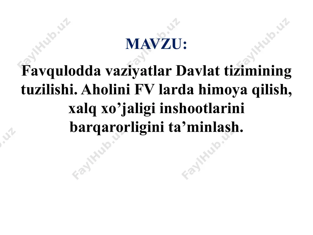 tibbiyotga ega bo'lgan va uch yoshga to'lmagan bolalari bor ayollar bundan mustasno. fuqaro muhofazasi to'g'risidagi qonunning 20-moddasi аҳолини радиацион ва кимёвий ифлосланишдан ҳимоя қилишнинг асосий усуллари: 1. ишчи ходимларни ва ахолини махсус ҳимоя иншоатида бекитиш; 2. шаҳар аҳолисини ва корхона ишчиларини, бойликларни шаҳар атрофидаги хавфсиз худудларга кўчириш; 3. ишчиларни ва аҳолини шахсий ҳимоя воситалари билан таъминлаш. аҳолини ҳимоя қилишнинг барча усуллари орасида, фуқаро муҳофазасини махсус ҳимоя иншоатига жойлашиши энг самарали ҳисобланади. шунинг учун, фуқароларни муҳофаза қилиш органлари, корхона объектида ва ҳудудларда зарба тўлқини ва радиацион зарарловчи моддалардан сақловчи махсус бошпана қурилади. бунда, муҳандислик тадбирлари режаланади ва амалга оширилади. аҳолини, табиий ва техноген фавқулодда вазиятлардан ҳимоя қилиш чораларини режалаш ва амалга ошириш зарурияти қуйидагиларга боғлиқ: - бахтсиз ҳодисалар, табиий ва техноген фожиаларнинг шикастлантирадиган омилларига дучор бўлиш хавфи мавжудлиги; - фв даврида, ахолининг ҳаёти, соғлиғини ва шахсий мулкини ҳимоя қилиш республика қонун ҳужжатларида белгиланган - фуқораларнинг ҳуқуқлари. аҳолини фавқулодда вазиятлардан муҳофаза қилиш, …