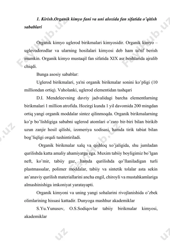 pilgan alkaloidlarning har uchtasidan bittasi s. yunusov va uning shogirdlariga tegishlidir. o’zbekiston noyob yoqilg’i – energetika resursiga ega. qidirib topilgan gaz zahiralari 2 trillion m3 ga yaqin, 160 dan ortiq neft konlari mavjud. o’zbekiston ko’mir zahirasi bo’yicha markaziy osiyoda ikkinchi o’rinda turadi. uning umumiy zahirasi 2 milliard tonnadan ortiq. organik kimyoning rivojlanishida professorlar a.r. abdurasulova, q. abduvahobov, p.yo’ldoshev, a.abdusamatov, a.g.mahsumov va boshqalarning xizmatlari katta. respublikamiz ulkan uglevodorodlarning tabiiy manbalariga ega. respublikamizda neftni qayta ishlaydigan (farg’ona, oltiariq va buxoro), hamda gazni qayta ishlaydigan (sho’rtan, muborak va ustyurt) katta kimyo komplekslar ishlab turibdi. ulardan hilma-hil neft va gaz mahsulotlari ishlab chiqarilmoqda. chirchiq, farg’ona va navoiy shaharlaridagi ulkan kimyo korxonalaridan xalq xo’jaligi va qurilish uchun muxum mahsulotlar ishlab chiqarilmoqda. 2. kimyoviy bog’ va uning turlari. gibridlanish uglerod atomning elektron konfiguratsiyasini asosiy xolati 1 s2 2s2 2p2. demak, faraz qilish mumkinki, qisman band bo’lgan 2 р orbitalga (ikki vodorod atomidan) ikkita elektron qo’shilsa сн2 …