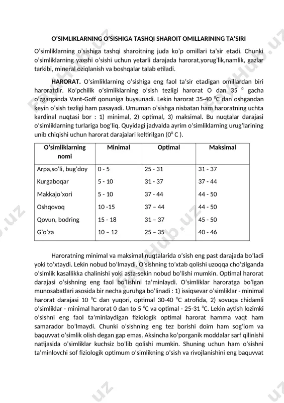 qolishi bilan farq qiladi. etiollangan o’simliklarning bo’g’in oraliqlari uzun bo’ladi. mexanik to’qimalari yaxshi rivojlanmaydi, hujayralararo bo’shliqlar katta bo’ladi, barglar rivojlanmay qoladi. o’simliklar past bo’yli bo’lib qoladi. tog’lik rayonlarda o’simliklarning ko’proq past bo’yli bo’lishining sababi ham ko’proq qisqa to’lqinli nurlar bilan ta’minlanishiga bog’liq. gazlarning miqdori. havo tarkibi, ayniqsa kislorod va karbonat angidridning miqdori ham ham o’sishga ta’sir etadi. ammo havo tarkibdagi kislorod ikki martagacha kamaytirilsa ham o’simliklarning o’sishiga ta’sir etmaydi. tuproq tarkibidagi kislorodning kamayib ketishi esa ildizlarning o’sishiga ta’sir etishi mumkin. bu albatta o’simlik turlariga ham bog’liq. tuproqda ildizlarning faol o’sishi uchun pomidorga - 16, so’liga - 8 , soyaga - 6 va sholiga - 3 kislorod kerakligi aniqlangan. o’sish tezligiga sezilarli darajada karbonat angidrid miqdori ham ta’sir etadi. havo tarkibidagi co2 ko’payganda hujayra po’stining cho’ziluvchanligi ortadi va qisqa muddatga to’qimalarning o’sishi tezlashadi. bu hujayra po’stida ph ning pasayishi bilan bog’liq deb tushuntiriladi. ekinzorlarda, tup soni juda qalin bo’lganda o’simliklarning o’sib …