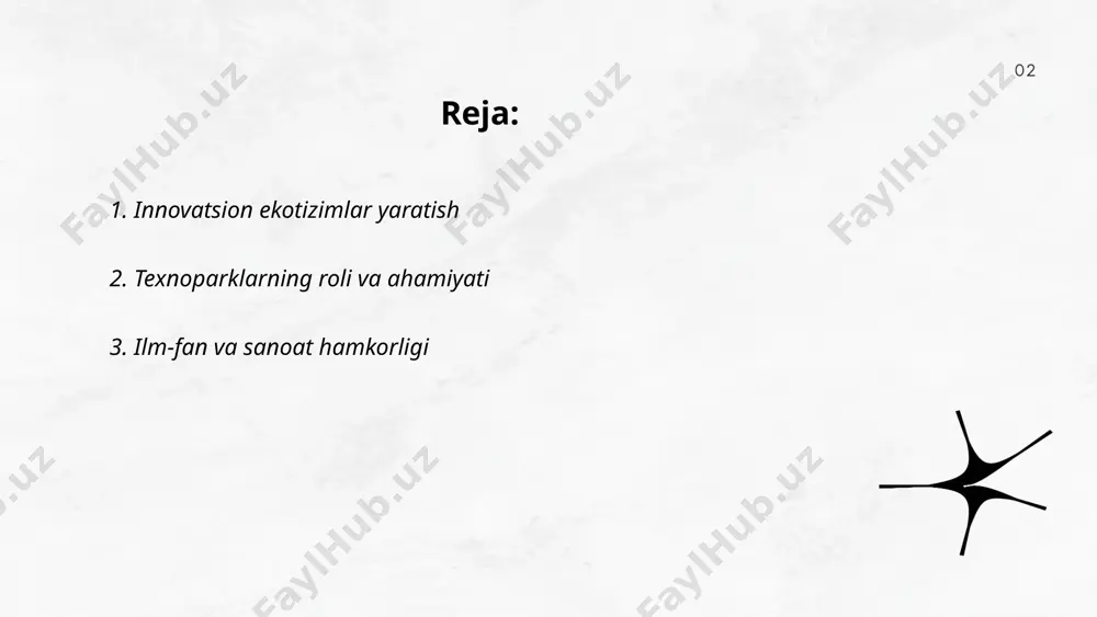/slaydai_bot ilm-fan va sanoat hamkorligi zamonaviy jamiyatda strategik ahamiyatga ega. o‘zbekistonning 2030-yilgacha rivojlanish strategiyasida ilmiy yutuqlarni sanoatga tatbiq etish maqsadi ko‘zda tutilgan. o‘zbekistonda har yili sanoat bilan bog‘liq 500 dan ortiq ilmiy loyiha amalga oshiriladi. shularning 40 foizi yuqori texnologiyalarni o‘zida mujassam etgan. 2021-yilda sanoat va ilm-fan hamkorligi orqali 1000 dan ortiq yangi ish o‘rni yaratilgan. ushbu integratsiya natijasida mahsulot eksporti 15 foizga oshgan. rivojlangan mamlakatlardagi tajribalar shuni ko‘rsatadiki, ilm-fan bilan samarali hamkorlik sanoat mahsulotlarini 25 foizga samaraliroq qilishga yordam beradi. 2022-yilda ilm-fan uchun ajratilgan byudjet mablag‘lari 10 foizga oshirilgan bo‘lib, bu esa innovatsion rivojlanishni qo‘llab-quvvatlashga xizmat qiladi. ... t.me/slaydai_bot 4. startap ekotizimini rivojlantirish startap ekotizimini rivojlantirishda o'zbekistonda jadal o'sish ko'zga tashlanmoqda. 2021-yilda mamlakatda startaplarga ajratilgan investitsiyalar hajmi 50 million dollardan oshgan. o'zbekistonda 2022-yilga kelib, 300 dan ortiq startap faoliyat yuritmoqda, ularning aksariyati texnologiya va innovatsiya sohalarida. davlat tomonidan innovatsion loyihalarni qo'llab-quvvatlash maqsadida ajralmas invest jamg'armasi tashkil etilib, uning byudjeti …