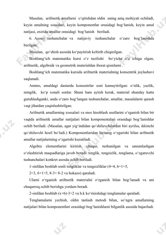 sosida bajariladi. o‘zgaruvchi bilan amaliy tekshirish o‘quvchilarning funksional tasavvurlarini egallashlariga imkon beradi. geometrik material bolalarning eng sodda geometrik figuralar bilan tanishtirish, ularning fazoviy tasavvurlarini rivojlantirish, shuningdek, arifmetik qonuniyatlarni, bog‘lanishlarni ko‘rsatmali maqsadlariga xizmat qiladi. (masalan, to‘g‘ri to‘rtburchakning teng kvadratlarga bo‘lingan ko‘rsatmali obrazidan ko‘paytirishning o‘rin almashtirish xossasini bog‘lanishi ochib foydalaniladi...). 1-sinfdan boshlab to‘g‘ri va egri chiziqlar, kesmalar, ko‘pburchaklar va ularning elementlari, to‘g‘ri burchak va hokozo kiritilgan. o‘quvchilar geometrik figuralarni tasavvur qila olishni, ularni nomlari, katakli qog‘ozga sodda yasashlarni o‘rganib olishlari kerak. bundan tashqari, ular kesma va siniq chiziq uzunligini, ko‘pburchak perimetrini, to‘g‘ri to‘rtburchak, kvadrat va umuman har qanday figuraning yuzini (paletka yordamida) topish malakasini egallab olishlari kerak. o‘qitish metodi tushunchasi. boshlang‘ich sinflarda matematika o‘qitishning maqsadlari quyidagilar: umumta’lim maqsadi, tarbiyaviy maqsadi, amaliy maqsadi. bu maqsadlar bir-biri bilan uzviy bog‘liq bo‘lib, bir-birini to‘ldiradi. 1. ta’lim maqsadi o‘qituvchidan quyidagilarni talab qiladi. a) o‘quvchilarga matematik bilimlar tizimidan, bilim, malaka ko‘nikma berish; b) haqiqiy olamni matematik metodlar …
