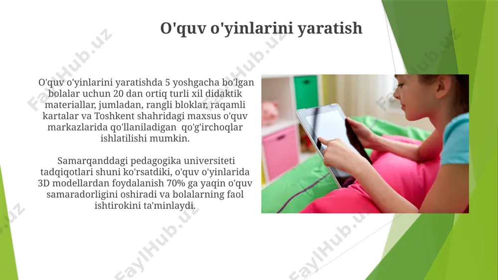 ta'limning afzalliklari o'yin orqali ta'lim bolalarning 7 yoshgacha bo'lgan davrida miya rivojlanishini 20% ga tezlashtiradi, bu esa keyinchalik o'qish va yozish ko'nikmalarini rivojlantirishga ijobiy ta'sir ko'rsatadi, masalan, toshkentdagi tadqiqotlar shuni ko'rsatdi. o'yin orqali ijtimoiy-emotsional rivojlanishni kuchaytirish mumkin, masalan, 50 nafar bolani o'z ichiga olgan andijon shahridagi tajriba shuni ko'rsatdiki, hamkorlikdagi o'yinlar bolalarda o'zaro muloqot ko'nikmalarini 25% yaxshilaydi. o'yin orqali kognitiv rivojlanish tokio universiteti tadqiqotchilari fikricha, 3-4 yoshli bolalarda 1 soatlik konstruktor o'yini fikrlash tezligini 15% ga oshiradi. o'zbekistonning 10 ta viloyatida o'tkazilgan eksperiment natijalariga ko'ra, o'yin terapiyasi autizmli bolalarning ijtimoiy moslashuvchanligini 10 balldan 4 ballga yaxshilaydi. yoshga mos o'yinlarni tanlash 3-7 ёшли болалар учун ўйин танлашда, уларнинг ривожланиш босқичи ва қобилиятларини ҳисобга олиб, мавзуга мос рангли ва шаклдаги ўйинчоқларни, масалан, конструкторлар ёки паззлларни танлаш муҳим. тошкентдаги мактабгача таълим муассасаларида 15 дан ортиқ турдаги ҳаракатли ўйинлар қўлланилади, бу ўйинлар болаларнинг жисмоний ривожланишига ва жамоада ишлаш кўникмасига ижобий таъсир кўрсатади. o'yin orqali …