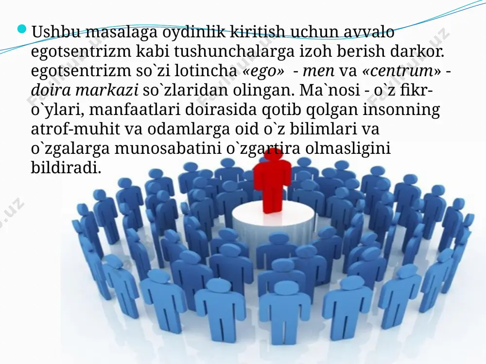 o`qituvchilar yoshlarni turli yomon ta`sirlardan asrashda ahloqiy qadriyatlardan foydalanishi va bunda ahloqiy ta`sir ko`rsatish texnologiyasidan oqilona o`z faoliyatida joriy eta olishi lozim bo`ladi. ahloqiylikka o`rgatish, ahloqan va ma`nan yuksak bo`lish, umuman tayziqni, kuch ishlatishni rad etadi. ma`muriy tayziq yoshlarni yot ta`sirlardan asrab qololmaydi. buning yagona yo`li - o`quvchi bilan munosabatda gumanistik tamoyillarni joriy etish, erkin fikr almashinish muhitining yaratilishidir. zero, mamlakatimizda qurilayotgan erkin fuqarolik jamiyatining asoschisi, o’zbekiston respublikasining birinchi prezidenti islom karimov bu ezgu ishlarni amalga oshirishda hamisha yoshlarga, ularning mustaqil fikrli, iqtidorlilariga ishonganlar. image2.jpeg image3.jpeg image4.jpeg image5.jpeg image6.jpeg image7.jpeg image8.jpeg image9.jpeg image10.jpeg image11.jpeg image12.jpeg image13.jpeg image14.png image15.jpeg image16.jpeg