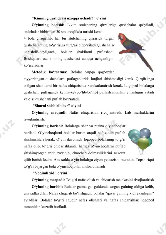 a esa lunjlar shishmasligi 22bolalarga tushuntiriladi. logoped bolalardan qaysi biri to‘g‘ri bajarganini ta’kidlab o‘tadi va rag‘batlantiradi. duduqlanishni bartaraf etishda xarakatli va didaktik o‘yinlar didaktik o‘yinlar kattalar tomonidan tuziladi, o‘ziga xos ma’lum bir mazmun va qoidalarga ega bo‘lib, bolalarni yuqori darajadagi faollikka undaydi. aniq qoidali va harakatli didaktik o‘yinlar barcha duduqlanuvchi bolalarni bir holatga qo‘yadi, bu esa ularda intizomlilikni tarbiyalashga imkon beradi. didaktik o‘yinlarda logoped nutqi namuna sifatida katta ahamiyatga ega. logopedning nutqi korreksiyalash kursining boshlarida bolalarning tinch aloqa qilishlariga yordam beradi. duduqlanuvchi bolalarning noto‘g‘ri nutqi ixtiyoriy va ixtiyorsiz bo‘lsa ham o‘yin davomida namoyon bo‘ladi. o‘z kamchiligini bilish, o‘z nutqlaridan qo‘rqish kabilar bolalarni o‘yin faoliyatiga kirishishlariga qiyinchilik tug‘diradi. bunday bolalar o‘yin davomida passiv kuzatuvchi bo‘lib qatnashadilar yoki umuman qatnashmaydilar. ba’zida esa aksincha bolalar o‘yinda faol ishtirok etadilar. didaktik o‘yinlar orqali bu kabi kamchiliklarni bartaraf etish mumkin. turli yoshda didaktik o‘yinlar mazmuni, qoidasi o‘zgarib boradi. 5 yoshdagi bolalar didaktik o‘yinlarda predmetlar soni …