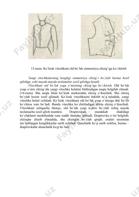 m mumkin. etak tomoni kengaytirilgan yubkalar beli ingichka gavdada yaxshi turadi. etak tomoni toraytirilgan “bochkasimon” yubkaning bel chizig`i bo`ylab vitachka urniga burma kilingan bo`ladi. yubkaning bunday gruppalarga bo`linishi shartli bulib, ular xamma turlarni kamrab ololmaydi. yubkaning deyarli xamma shakli taxlamalar, choklar joylanishi, quyma bo`laklar, beykalar, quyma aylana burmalar, burmalar va boshkalar qandayligiga qarab o`zgarishi mumkin. xamma siluetdagi yubkalarning, ularning turlari va variatlarining konstruksiyasi to`g`ri yubka konstruksiyasi asosining bazasida texnik modellash metodi bilan ishlab chiqiladi. yubka ko`ylakning bir qismi bo`lsa, uning konstruksiyasini ishlab chiqishda qo`yidagi shartlarni bajarish kerak: yubka bilan ko`ylak ko`krak qismining bel chizig`i bo`ylab uzunligi bir xil bo`lishi kerak, vitachkalar yubkada va ko`ylak ko`krak qismida bir xil joyda bo`lishi kerak; yubkaning yon qirqimlarini ko`ylak ko`krak qismini modellashdagi koidalarga rioya qilinadi. yubkani texnik modellash amallari eng xarakterli bulgan shakllar: taxlamali yubka, bo`laklardan iborat yubka, etak qismi kengaytirilgan yubka, fantaziya yubka misolida ko`rsatilgan. taxlamali yubka yon choki kesmali yubka, old yoki …