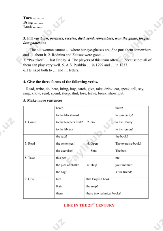 ked both to … and … letters. 4. give the three forms of the following verbs. read, write, do, hear, bring, buy, catch, give, take, drink, eat, speak, tell, say, sing, know, send, spend, sleep, shut, lose, leave, break, show, put. 5. make more sentences 1. come here! to the blackboard to the teachers desk! to the library 2. go there! to university! to the library! to the lesson! 3. read the text! the sentences! the exercise! 4. open shut the book! the exercise-book! the box! 5. take this pen! the pies of chalk! the bag! 6. help me! your mother! your friend! 7. give him kate them that english book! the map! these two technical books! life in the 21st century we've entered a new era: the twenty-first century. of course, it's exciting and we are trying to predict what our life will be like in the future. it …