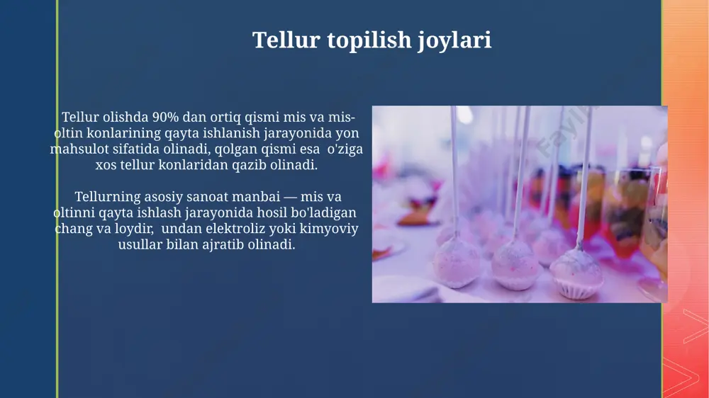dan mavjud deb hisoblangan, juda beqaror birikma hisoblanadi. tellur dioksidi (teo₂) amfoter xossaga ega bo'lib, kislotalar va ishqorlar bilan reaksiyaga kirishadi, uning erish nuqtasi 733 °c ni tashkil etadi. tellur birikmalari tellur gidridlari (teh2) juda beqaror birikmalar boʻlib, xona haroratida tezda parchalanadi va vodorod bilan -2 daraja selsiyda reaksiyaga kirishadi. tellur organik birikmalari, masalan, metiltellurid (ch3tech3) organik sintezdagi reagent sifatida qoʻllaniladi va o'ziga xos hidi bilan ajralib turadi. tellurning kimyoviy xossalari tellurning oksidlanish darajasi -2 dan +6 gacha o'zgaradi. +4 oksidlanish darajasi eng barqaror hisoblanadi va tellur dioksid (teo2) kabi birikmalar hosil qiladi. tellur metallar guruhiga mansub bo'lib, 52 atom massasi va 214°c erish haroratiga ega. uning elektr manfiyligi 2,1 atrofida bo'lib, kimyoviy reaksiyalarda nisbatan kam faoldir. elektrokimyoviy usullar elektrokimyoviy usullar yordamida tellur oksidlarini metall tellurga qaytarish jarayoni yuqori samaradorlikka ega bo'lib, 85-95% gacha chiqishni ta'minlaydi, bu esa qimmatbaho metallni tejashga yordam beradi. tellur olishda elektrokimyoviy usullar, masalan, elektroliz yordamida …