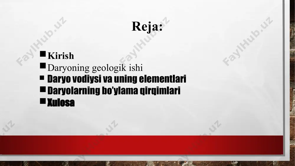 di. birinchi bosqichda asosan ostki erroziya ro'y beradi. bu asosan yosh tog’larda daryo vodiysining qiyaligi katta bo'lgan qismida uchraydi. ikkichi bosqichda daryonning o'rta qismida ostki hamda yon erroziyasi ro'y beradi. uchinchi bosqichda daryoning dengizga quyiladigan qismida asosan yon erroziyasi bo'ladi. bu uch bosqich natijasida daryo vodiysi lotincha v,u, yashiksimon, tog’orasimon ko'rinishlarga ega bo'ladi. daryo vodiysi va uning elementlari daryo vodiysi va uning elementlari haqidagi ma’lumotlar geomorfologiya kursida batafsil yoritilgan. shuni hisobga olib, mavzuga tegishli asosiy fikrlarni qisqacha takrorlash bilan chegaralanamiz. daryo vodiysi suv oqimining yer sirtida bajargan ishi natijasida vujudga kelib, daryoning boshlanishidan quyi qismi tomon ketgan yassi yonbag’irlari va nishabligi bilan xarakterlanadi. ma’lumki, ikki daryo vodiysi o’zaro kesishmaydi, lekin ular birgalikda umumiy vodiyni tashkil qilishlari mumkin. har qanday daryo vodiysida quyidagi elementlar mavjud bo’ladi. daryolarning bo’ylama qirqimlari ma’lumki, daryoda suvning harakati­oqishi balandliklar farqi tufayli yuzaga keladi. daryo uzunligi bo’yicha balandlikning o’zgarishini bo’ylama qirqimlarda tasvirlash mumkin. daryolarning bo’ylama qirqimlari suv …