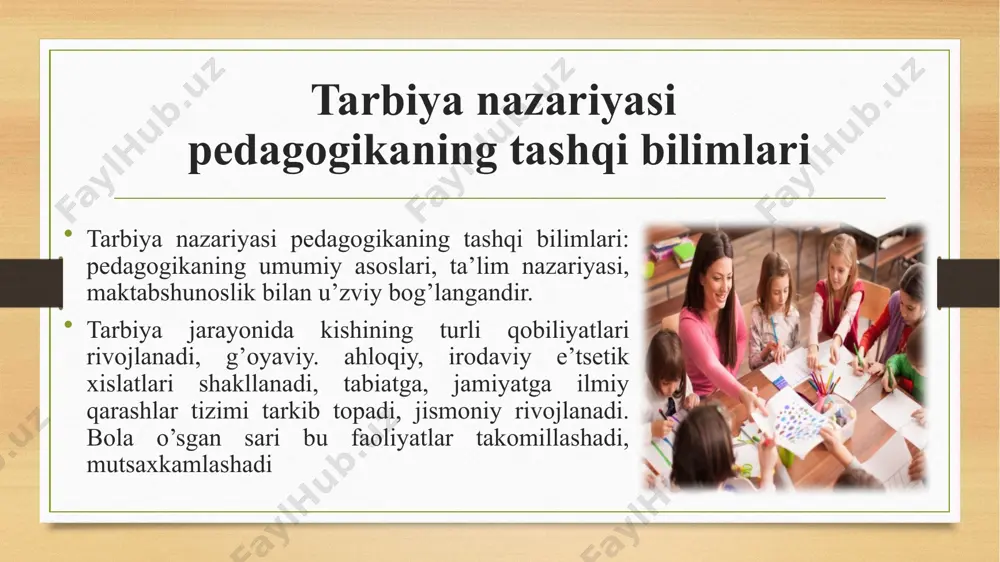 soblanadi tarbiya jarayoni quyidagi tamoyillar asosida tashkil etiladi: - tarbiya maqsadining aniqligi; - bolalar va kattalarning birgalikdagi faoliyati; - ixtiyoriylik; - yoʻnaltirilganlik; - oʻz-oʻzini anglash; - jamoaviylik; - insonparvarlik; - ilmiylik; - pedagogik jarayonning hayot va amaliyot bilan bogʻliqligi; - izchillik; - uzluksizlik; - tizimlilik; - koʻrsatmalilik; - estetik gʻoyalar ustuvorligi. tarbiya jarayonining oʻziga xos xususiyatlari quyidagilardan iborat: - aniq maqsadga yoʻnaltirilganlik; - uzoq muddat davom etishi (tarbiya natijalari tez sur’atda yaqqol koʻzga tashlanmaydi); - uzluksizligi (oʻquvchilar va oʻqituvchining birgalikdagi uzluksiz, tizimli harakatlari); - yaxlit, tizimli tashkil etilishi; - ikki tomonlama aloqa hamda qarama-qarshiliklarning mavjud boʻlishi. ijodkorlik mezonlari: ravonlik - vaqt birligida paydo bo'ladigan g'oyalar soni; o'ziga xoslik - umumiy qabul qilinganlardan farq qiladigan g'ayrioddiy g'oyalarni ishlab chiqarish qobiliyati; moslashuvchanlik. ranko ta'kidlaganidek, bu parametrning ahamiyati ikki holatga bog'liq: birinchidan, bu parametr muammoni hal qilishda moslashuvchan odamlarni ularni hal qilishda qat'iylik ko'rsatadiganlardan ajratish imkonini beradi, ikkinchidan, muammolarni echadigan odamlarni yolg'on o'ziga …