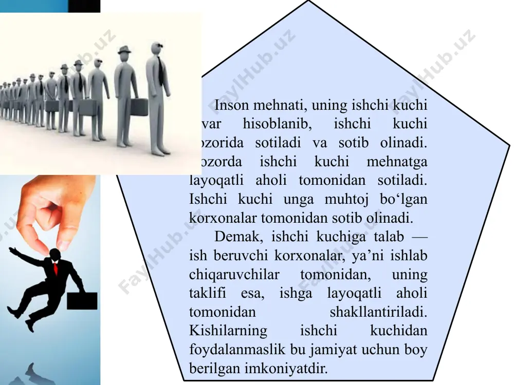 esa kam. 2. ishning evaziga yaratilgan tovar sotilgach, ish beruvchiga qanchalik ko‘p foyda olib kelsa, ishchi kuchi shuncha yuqori baholanadi. 3. ish qanchalik og‘ir va qiyin bo‘lsa, shuncha qimmat bo‘ladi. masalan, ko‘mir koni ishchisi oddiy ishchilardan ko‘proq maosh oladi. 4. ish qanchalik xavfli, sog‘liqqa ziyon yetkazadigan yoki tavakkalchilikni talab qiladigan bo‘lsa, shuncha qimmat baholanadi. ishchi kuchi bozorida ishchi kuchiga bo‘lgan talab va taklif o‘rtasidagi muvozanat qator omillar ta’sirida buzilib turadi. toki ular boshqa soha bo‘yicha tovar ishlab chiqarish malakasini egallab, unga moslashib olgunlariga qadar, ya’ni ishchi kuchining taklifi yangi talabga moslashguncha, mehnat bozorida muvozanat buziladi. kishilar ishlashni xohlasalar-da, o‘zlariga yarasha ishni topa olmay qolishadi. natijada ishsizlar paydo bo‘ladi. ishsizlik kelib chiqish sabablariga qarab quyidagi turlarga bo‘linadi: 1. friksion ishsizlik. bu ishsizlik kishilarning bir ishdan bo‘shab, ikkinchi ishga joylashishi oralig‘ida yuzaga keladi. shuningdek, bunday ishsizlik yoshlarning balog‘at yoshiga yetib yoki o‘quv yurtlarini bitirib, birinchi marta ish qidirayotgan paytida ham kelib chiqishi …