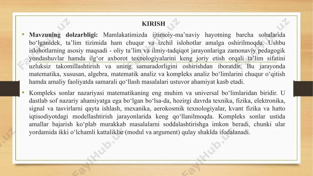 , to‘lqin jarayonlari, mexanika, signal va tasvirlarni qayta ishlash kabi sohalarda foydalanish imkoniyatlarini ochib berish hamda bu bilimlarni amaliy masalalarni yechishda qo‘llash ko‘nikmalarini shakllantirishdir. bitiruv ishning tuzilishi va hajmi. bitiruv ishi kirish, ikkita bob, oltita paragrapf, xulosa va takliflar hamda foydalanilgan adabiyotlar ro‘yxatida iborat holda yoritib berilgan. bitiruv ishida 30 dan ortiq adabiyotlardan foydalanilgan. bitiruv ishining birinchi bobi “kompleks sonlar va ular ustida amallar” deb nomlangan bo`lib, ushbu bob haqiqiy sonlar maydonini o’z ichiga olgan va undan kattaroq kompleks sonlar maydoni kiritilgan hamda kompleks sonlar, maydoni elementlari algebraik va trigonometrik shakllarda berilishi ko’rsatilgan va isbotlangan. algebraik ko’rinishidagi kompleks sonlar ustida amallar qanday tartibda bajarilishi ko’rsatilgan va trigonometric shakldagi kompleks sonlarda ko’paytirish va bo’lish amallari qulay bajarilishi ko’rsatilgan. bulardan foydalanib kompleks sonni darajaga ko’tarish formulasi (muavr formulasi) keltirib chiqarilgan. bitiruv ishining ikkinchi bobi “kompleks sondan ildiz chiqarish va ikki hadli tenglamalarni yechish” deb nomlangan bo`lib, ushbu bobda kompleks sonlardan ildiz chiqarish …