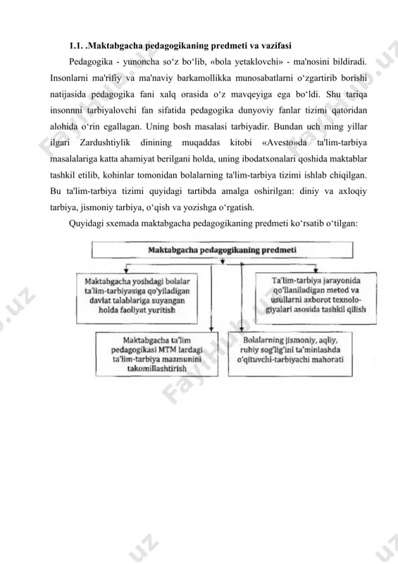 gani holda, uning ibodatxonalari qoshida maktablar tashkil etilib, kohinlar tomonidan bolalarning ta'lim-tarbiya tizimi ishlab chiqilgan. bu ta'lim-tarbiya tizimi quyidagi tartibda amalga oshirilgan: diniy va axloqiy tarbiya, jismoniy tarbiya, o‘qish va yozishga o‘rgatish. quyidagi sxemada maktabgacha pedagogikaning predmeti ko‘rsatib o‘tilgan: bola tug‘ilgan kundan boshlab, maktabga borguniga qadar bo‘lgan davrda har tomonlama yetuk barkamol etib tarbiyalash qonuniyatlarini o‘rganish maktabgacha ta'lim pedagogikasining mavzusidir. u maktabgacha ta'lim muassasalari va oilaning tarbiyaviy ta'sir ko‘rsatishi birligini, maktabgacha ta'lim muassasasi va maktab ishidagi aloqadorlikni, bolalarni maktabda o‘qishga tayyorlashni ta'minlab, ijtimoiy maktabgacha ta'lim sharoitida tarbiya va ta'lim berish ishlarining vazifalarini, tamoyillarini, mazmunini, metodlarini, shakllarini va uni tashkil etishni ishlab chiqdi. maktabgacha ta'lim pedagogikasi pedagogika fanlar tizimida uning ajralmas qismi bo‘lib shakllandi. 1.2. sharq va g‘arb mutafakkirlarining farzand tarbiyasi haqidagi ta’limot ota-bobolarimiz azal-azaldan bola tarbiyasiga alohida e'tibor qaratganlar. imom al-buxoriy, iso at-termiziy, abu rayhon beruniy, az-zamaxshariy, abdurauf fitrat, abdulhamid cho‘lpon, abu ali ibn sino, alisher navoiy singari ulug‘ olimu …