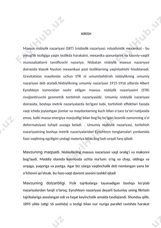 gartirmasa va bir tekis harakat qilmasa, bitta holatni ta'minlaydi.srt qonunlari jismlardan biri uning traektoriyasini o'zgartirganda yoki uning tezligini oshirganda amal qilishni to'xtatadi. bu erda biz ob'ektlarning harakatini umumiy izohlash uchun umumiy nisbiylik nazariyasini (gr) olamiz. nisbiylik nazariyasiga asoslangan ikkita postulat: 1. nisbiylik printsipi - uning so'zlariga ko'ra, bir-biriga nisbatan doimiy tezlikda harakatlanadigan va yo'nalishni o'zgartirmaydigan barcha mavjud ma'lumot tizimlarida bir xil qonunlar qo'llaniladi. 2. yorug'lik tezligi printsipi - yorug'lik tezligi barcha kuzatuvchilar uchun bir xil va ularning harakat tezligiga bog'liq emas. bu eng yuqori tezlik va tabiatda hech narsa katta tezlikka ega emas. yorug'lik tezligi 3 * 10 ^ 8 m / s. albert eynshteyn nazariy ma'lumotlar emas, balki eksperimental ravishda asos bo'ldi. bu uning muvaffaqiyatining tarkibiy qismlaridan biri edi. yangi eksperimental ma'lumotlar yangi nazariyani yaratishga asos bo'ldi. xix asrning o'rtalaridan boshlab fiziklar eter deb nomlangan yangi sirli vositani qidirish bilan shug'ullanishgan. eter barcha narsalardan o'tishi mumkin, deb ishonilgan, ammo …