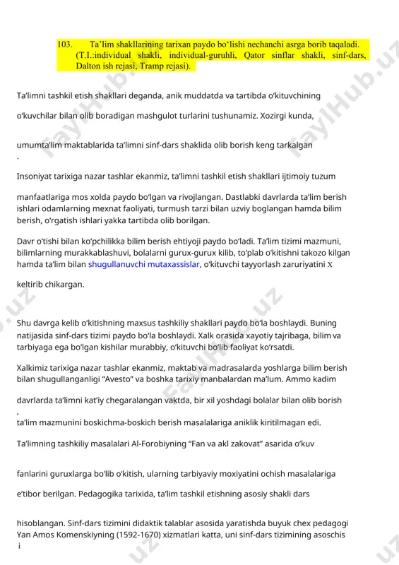 . (t.i.: darsni o‘z vaqtida boshlash, aniq maqsadga qaratilgan, mavzu mazmunini to‘liq ochib berish). ddarsga qo’yiladigan talablar. dars rivojlanishining asosiy tendensiyalari darsga bo’lgan talablarda o’zining aniq ifodasini topadi. zamonaviy darslar quyidagi talablarga javob bera olishi lozim: fanning ilg`or yutuqlari, pedagogik texnologiyalardan foydalanish, darsni o’quv-tarbiyaviy jarayon qonuniyatlari asosida tashkil etish; darsda barcha didaktik tamoyil va qoidalarning optimal nisbatlarini ta`minlash; o’quvchilarning qiziqishlari, layoqati va talablarini hisobga olish asosida ular tomonidan bilimlarning puxta o’zlashtirilishi uchun zarur sharoitlarni yaratish; o’quvchilar anglab yetadigan fanlararo bog`liqliklarni o’rnatish; ilgari o’rganilgan bilim va malakalari, shuningdek, o’quvchilarning rivojlanish darajasiga tayanish; shaxsning har tomonlama rivojlantirishni motivatsiyalash va faollashtirish; o’quv-tarbiyaviy faoliyat barcha bosqichlarining mantiqiyligi va emotsionalligi; pedagogik vositalardan samarali foydalanish; zarur bilim, ko’nikma va malakalar, fikrlash va faoliyat ratsional usullarini shakllantirish; mavjud bilimlarni doimo boyitib borish ehtiyojini yuzaga keltirish; har bir darsni puxta loyihalashtirish, rejalashtirish, tashxis va taxmin qilish. har bir dars quyidagi uchta asosiy maqsadga erishishga yo’naltiriladi: o’qitish, tarbiyalash, rivojlantirish. …