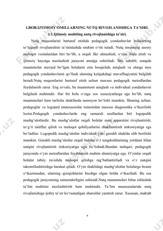 igan muhit bolalarning o‘ziga bo‘lgan ishonchini oshirishga ham xizmat qiladi. pedagogik yondashuvlarda bolalar bilan individual ishlash juda muhim ahamiyat kasb etadi. har bir bolaning nutqiy muammosi o‘ziga xos bo‘lgani sababli, ularga mos keladigan yondashuv tanlanishi lozim. masalan, ba’zi bolalar talaffuz muammolariga duch kelishsa, boshqalar gapirish tezligi yoki grammatik tuzilish bilan bog‘liq qiyinchiliklarga ega bo‘lishi mumkin. shu sababli, pedagog va logopedlar har bir bola uchun alohida dastur ishlab chiqishlari lozim.nutq nuqsonlarini bartaraf etishda ota-onalar bilan hamkorlik qilish ham juda muhimdir. ota-onalar bolalarning uy sharoitida ham nutqini rivojlantirishlari uchun maxsus tavsiyalar berilishi lozim. masalan, bolalar bilan har kuni kitob o‘qish, hikoyalar tuzish va suhbatlashish ularning nutqiy rivojlanishiga katta yordam beradi. ota-onalar o‘z farzandlariga nisbatan sabr-toqat bilan yondashishlari va ularni rag‘batlantirishlari kerak.nutq nuqsonlarini bartaraf etishda zamonaviy texnologiyalar ham katta ahamiyat kasb etmoqda. masalan, mobil ilovalar va kompyuter dasturlari orqali bolalar mustaqil ravishda nutq mashqlari bajarishlari mumkin. shuningdek, interaktiv ta’lim platformalari yordamida bolalarga audiovizual …
