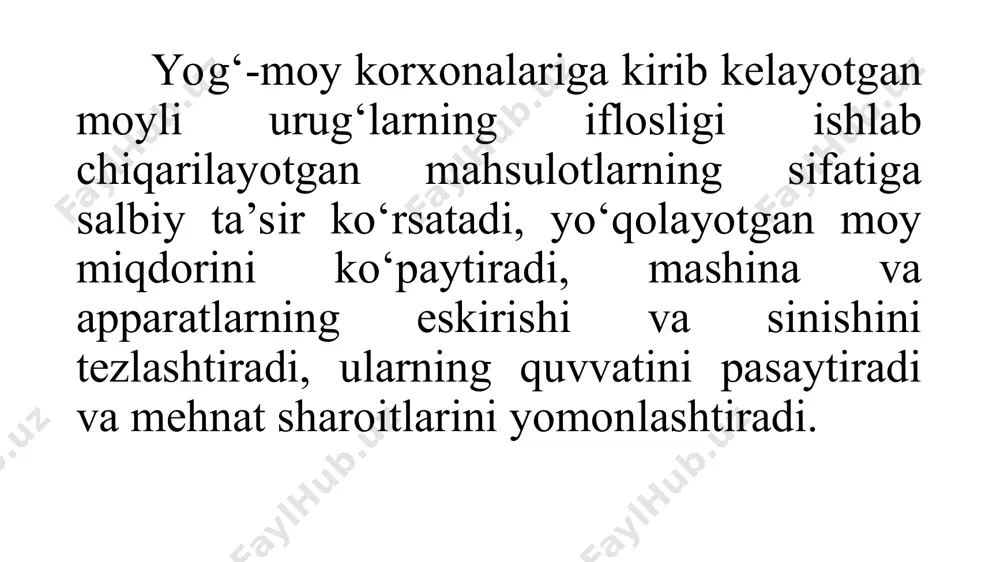 anadi. umuman olganda butun bir sexning mahsuldorligi susayadi. lekin ba’zi bir moyli urug‘larning qobig‘ini ajratish ancha mushkul yoki texnologik nuqtai nazardan mumkin emas. bularga indov (raps), kanop urug‘i, kunjut, ko‘nori va ko‘pchilik o‘simlik urug‘lari kiradi. moy olish texnologiyasida bu jarayon urug‘larni chaqish yoki kesish yo‘li bilan bajariladi mnr-darrali urug‘ chaqish mashinasi. chaqilgan urug‘ massasida chaqilmagan va chala chaqilgan urug‘lar miqdori 25 %, ezilgan yadro 15 %, moyli chang – 15 % ni tashkil etadi. msr – 1 elektroseparatori. elaklar o'rta tolali paxta chigitini chaqish-separatlash tsexining texnologik sxemasi o‘rta tolali paxta chigitini chaqish va separatsiya qilishning texnologik sxemasi. chaqish uchun kelayotgan chigit 1-taqsimlovchi shnek orqali birlamchi 2-diskli chaqish mashinasiga beriladi. hosil bo‘lgan chaqilma, mag‘iz va yarim chaqilmaga ajratish maqsadida 3-ikki elakli tebratgich mashinasiga beriladi. ajralgan mag‘iz 12-shnekga uzatiladi. yarim chaqilma esa taqsimlovchi shnek orqali birlamchi 4-bitter separatorga beriladi. bu yerda ham mag‘iz ajratiladi va mag‘iz 12-shnekga beriladi. hosil bo‘lgan yarim chaqilma …