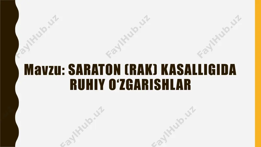 chiqaruvchi omillar: saraton tashxisining kutilmaganda qo‘yilishi. davolanish jarayonining uzoq davom etishi va og‘riqli kechishi. kimyoterapiya va boshqa muolajalar ta’sirida organizmning zaiflashishi. yaqinlarini yo‘qotish yoki ularni tushkunlikka tushirib qo‘yishdan qo‘rquv. anksiyete (tashvish buzilishi): "anksiyete" (inglizcha: anxiety) tibbiyotda mavjud bo‘lgan termin hisoblanadi. bu atama tashvish, xavotir va bezovtalik hissi bilan tavsiflanadigan ruhiy holatni anglatadi. anksiyetening asosiy belgilari: yurak urishining tezlashishi. qaltirash yoki terlash. nafas olishda qiyinchilik. konsentratsiya va diqqatni jamlashda muammo. ichki bezovtalik, xavotir va vahima hissi. anksiyete kelib chiqishining sabablari: o‘lim qo‘rquvi. og‘riqli muolajalardan o‘tish. moliyaviy muammolar (davolanish xarajatlari). jamiyat yoki oila tomonidan tushunilmaslik. shok va inkor bosqichi: saraton tashxisi qo‘yilgandan so‘ng, bemorlarning aksariyati dastlab ushbu holatni qabul qilishni istamaydi. bu jarayonda ular kasallik borligini rad etadi, shifokor xatosi bo‘lishi mumkin deb o‘ylaydi yoki boshqa sabablarga ko‘ra tashxisni qabul qilmaydi. shok va inkor bosqichida kuzatiladigan xatti-harakatlar: "bu menga tegishli emas!" degan fikr. tashxisni rad etish va boshqa shifokorlar fikrini so‘rash. kasallik …